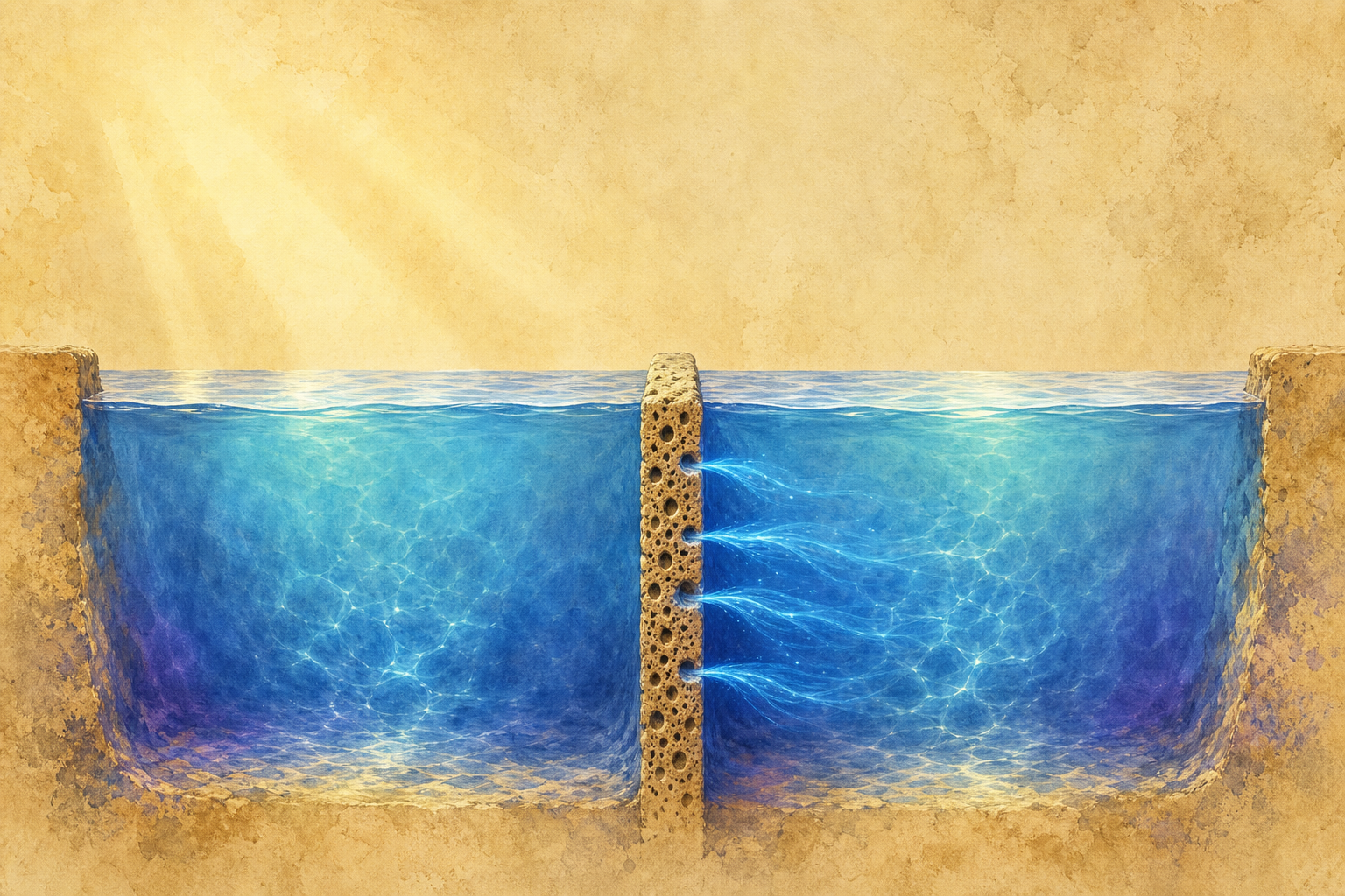 Two calm pools of luminous water at the same level, separated by a thin porous stone wall through which a gentle glowing flow seeps.