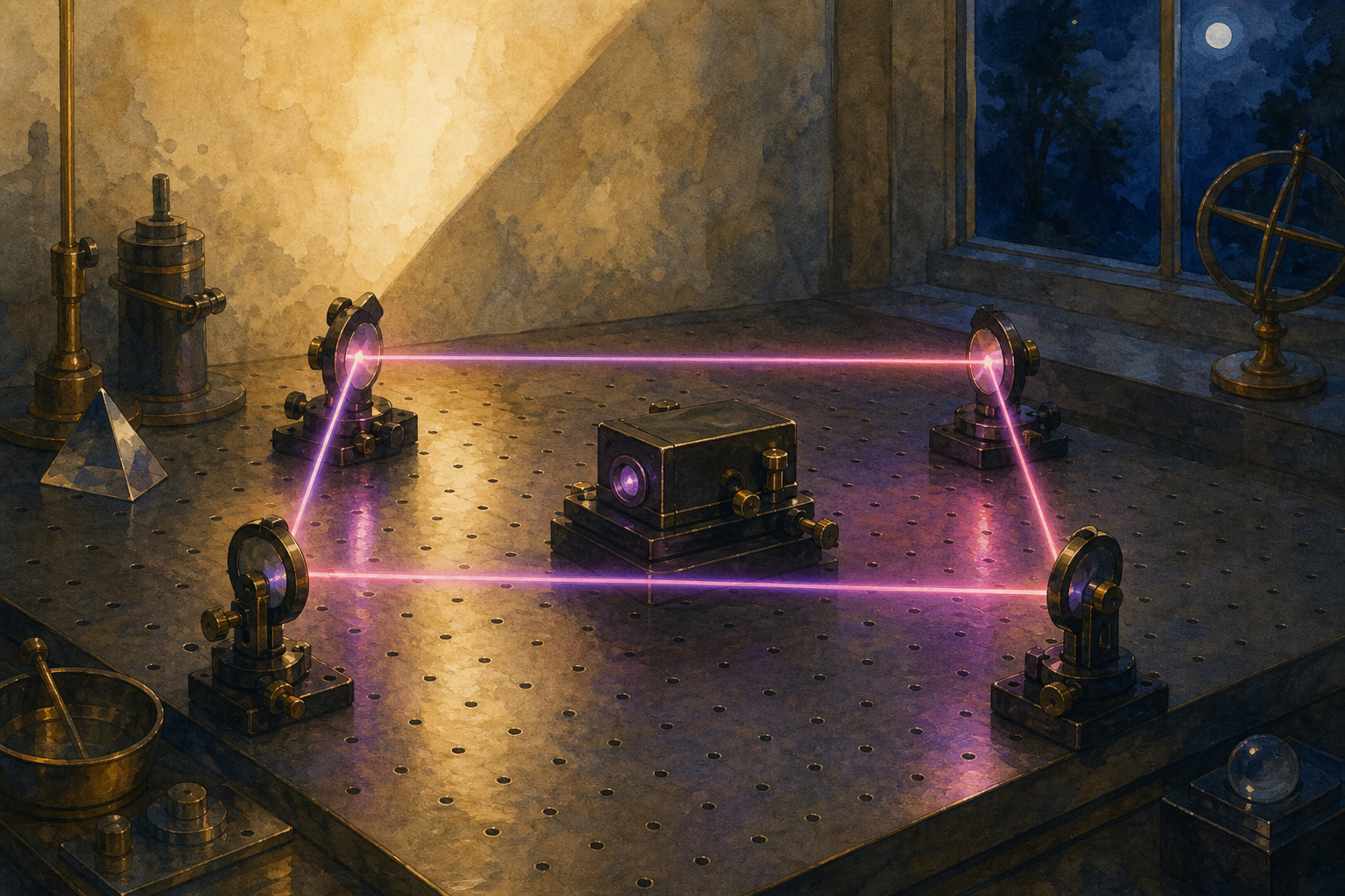A laboratory optical bench at night with a ring of red-violet laser light bouncing between four small mirrors in a square path around a compact device.