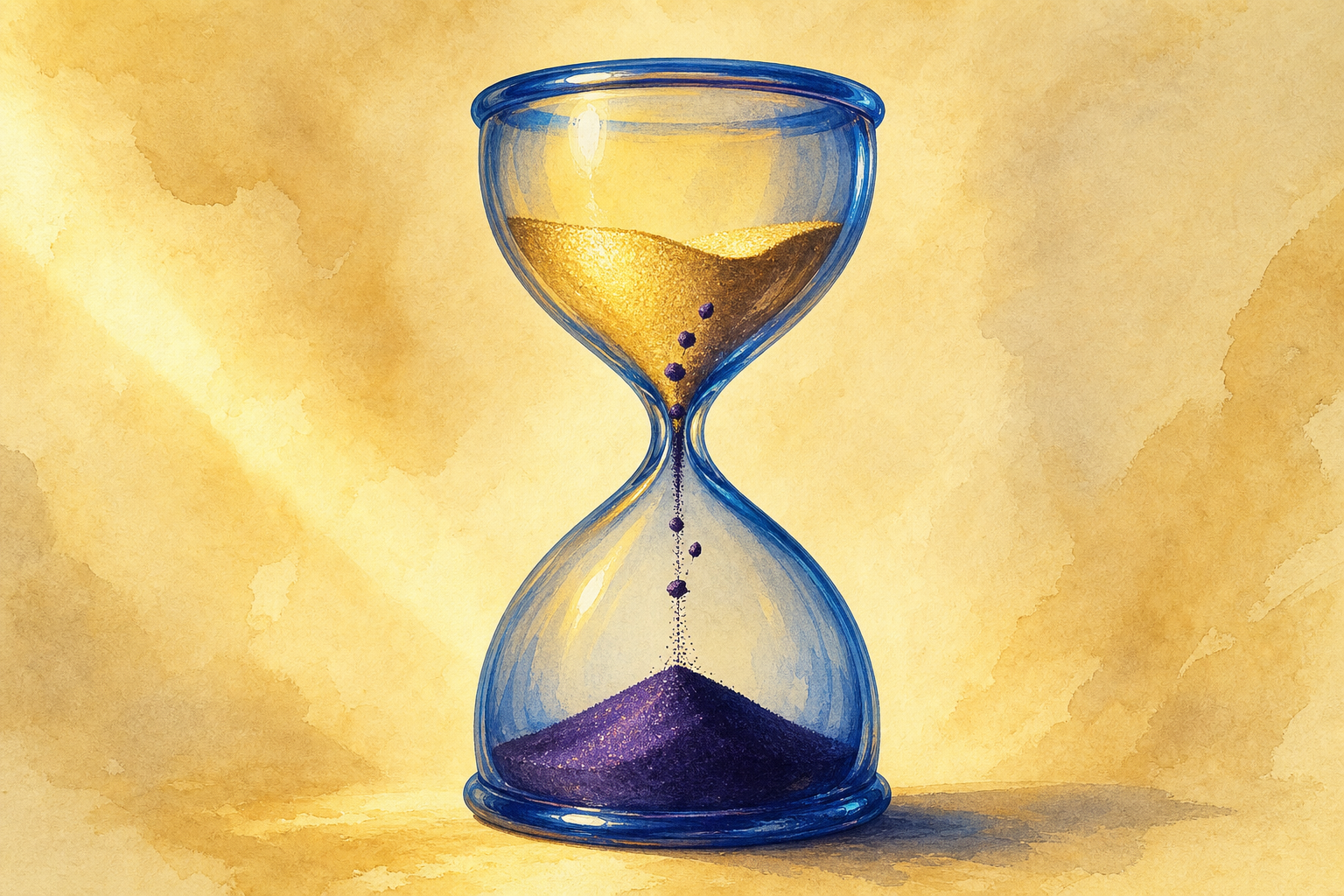 An hourglass of blue glass with dark violet sand in the lower bulb, warm gold sand above, and a few dark grains caught mid-fall that appear to be rising back upward.