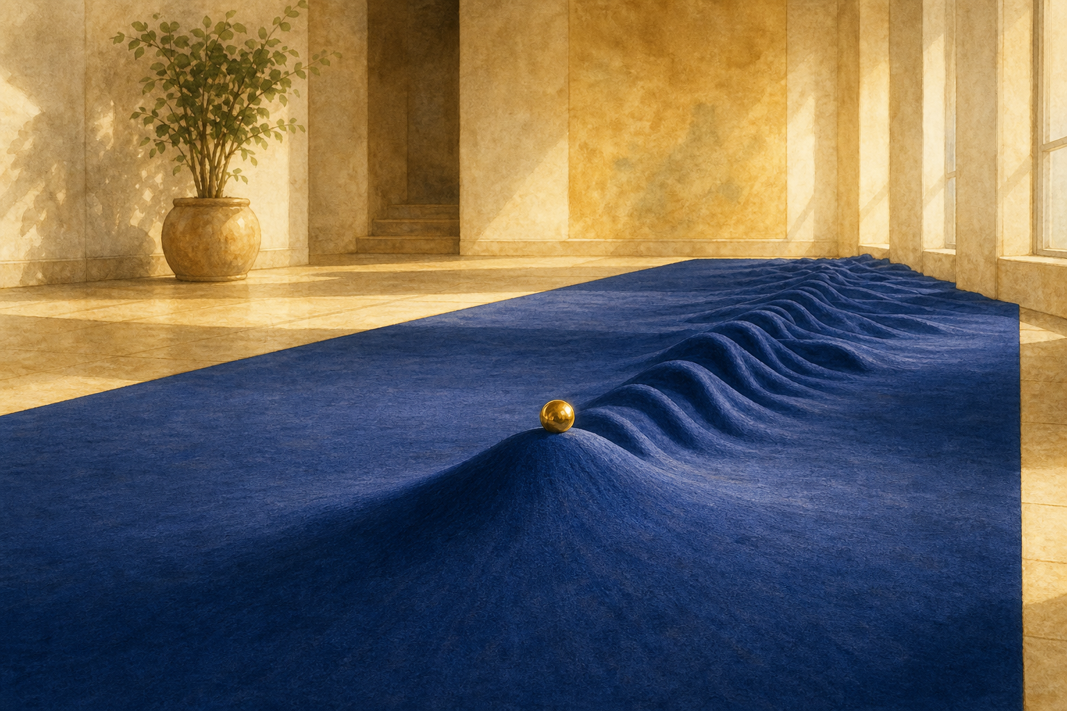 A long deep-blue carpet in a sunlit room with a single raised wrinkle travelling along it and a small golden marble riding on top of the wrinkle.