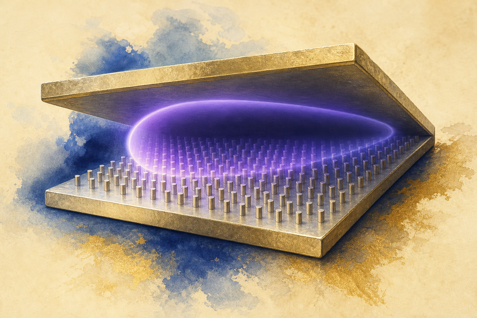 A microscopic cavity seen at an angle: a silvery floor carrying a regular field of tiny pillars between two plates, with a faint bubble-shaped violet glow above the pillars, compressed at the front and stretched at the back.