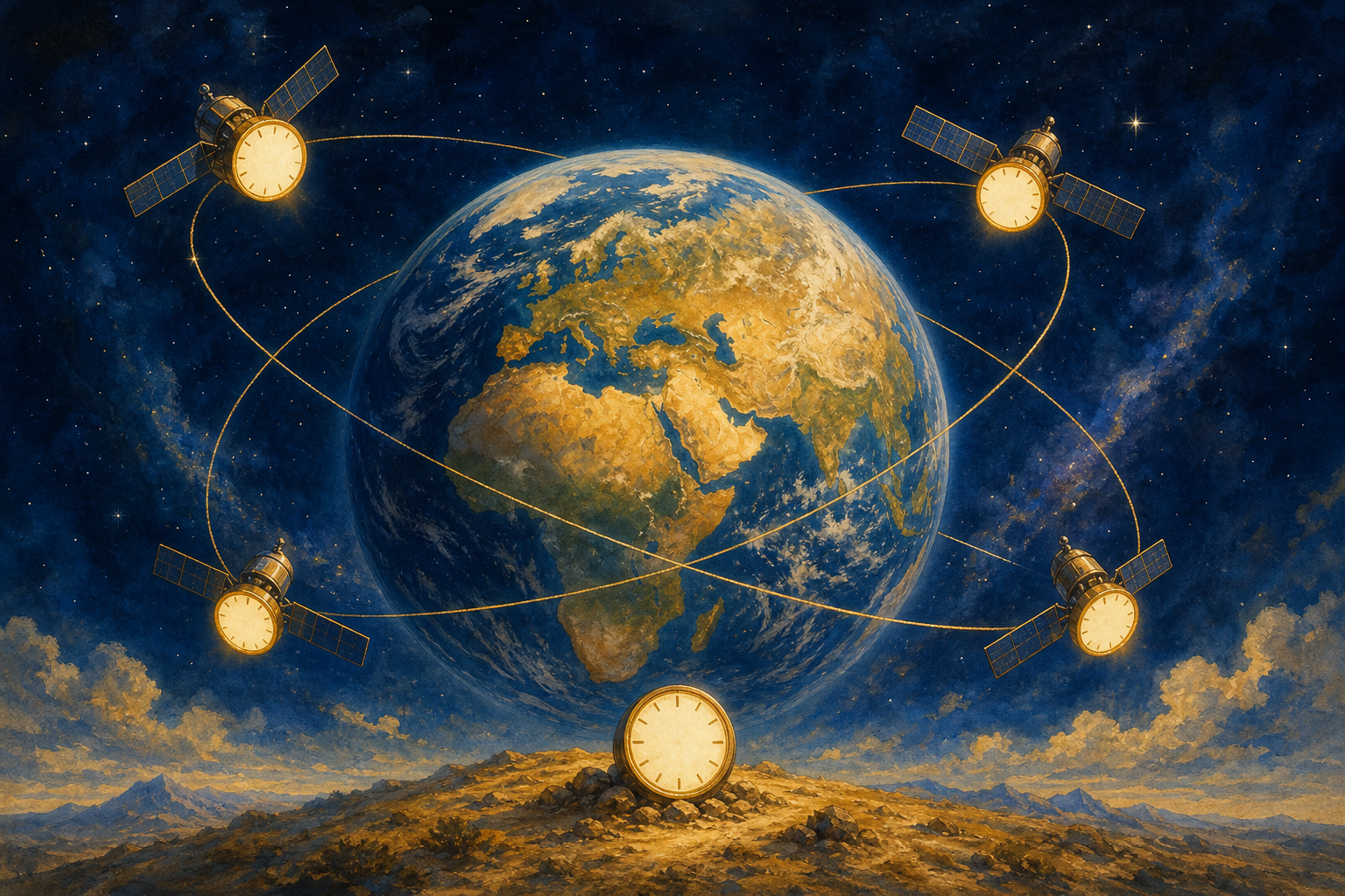 A painted Earth seen from space with four small satellites in orbit, each carrying a glowing clock with a blank face, and a fifth clock resting on the ground.