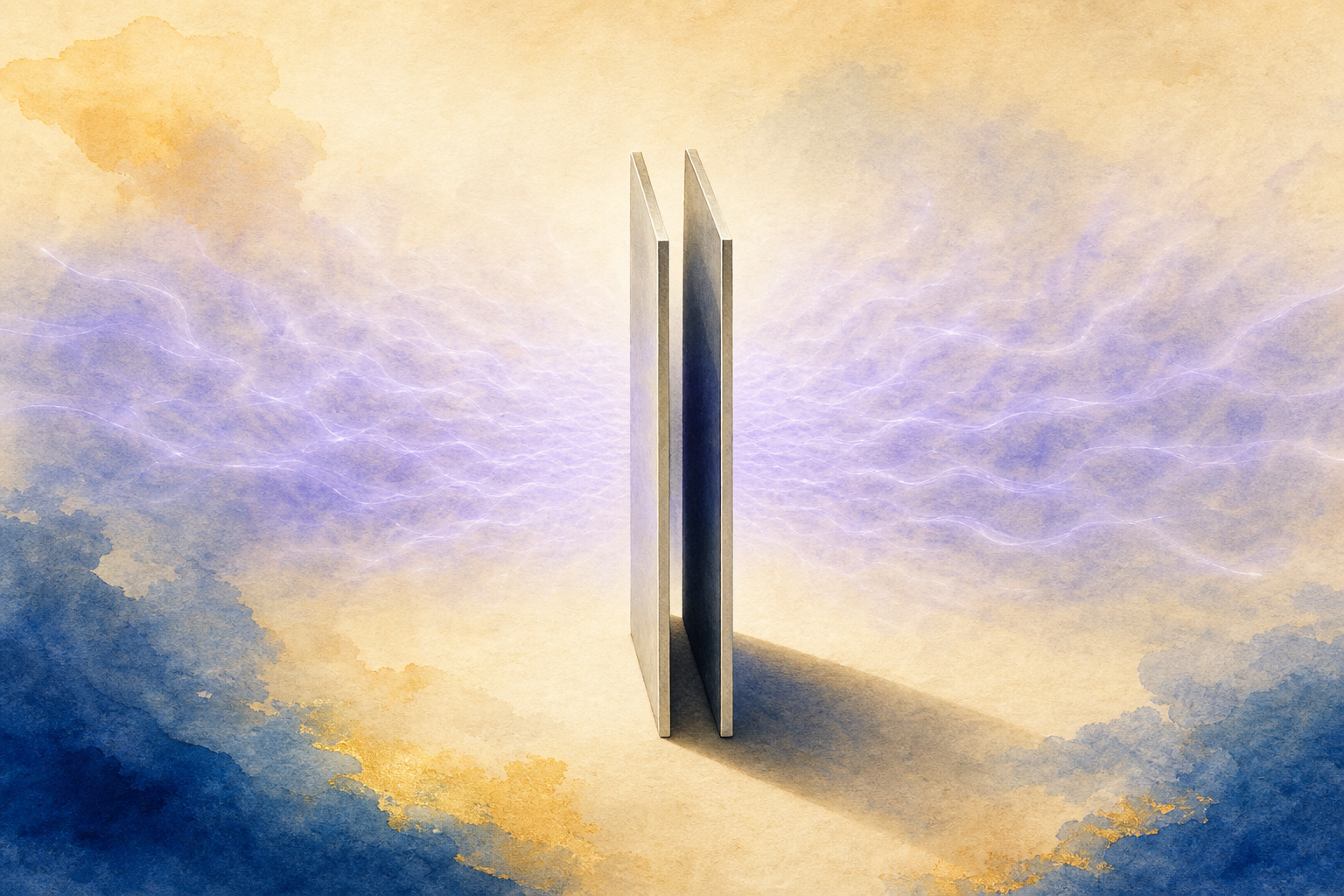 Two thin silvery plates standing very close together, the narrow gap between them painted darker and quieter than the shimmering violet space around them.