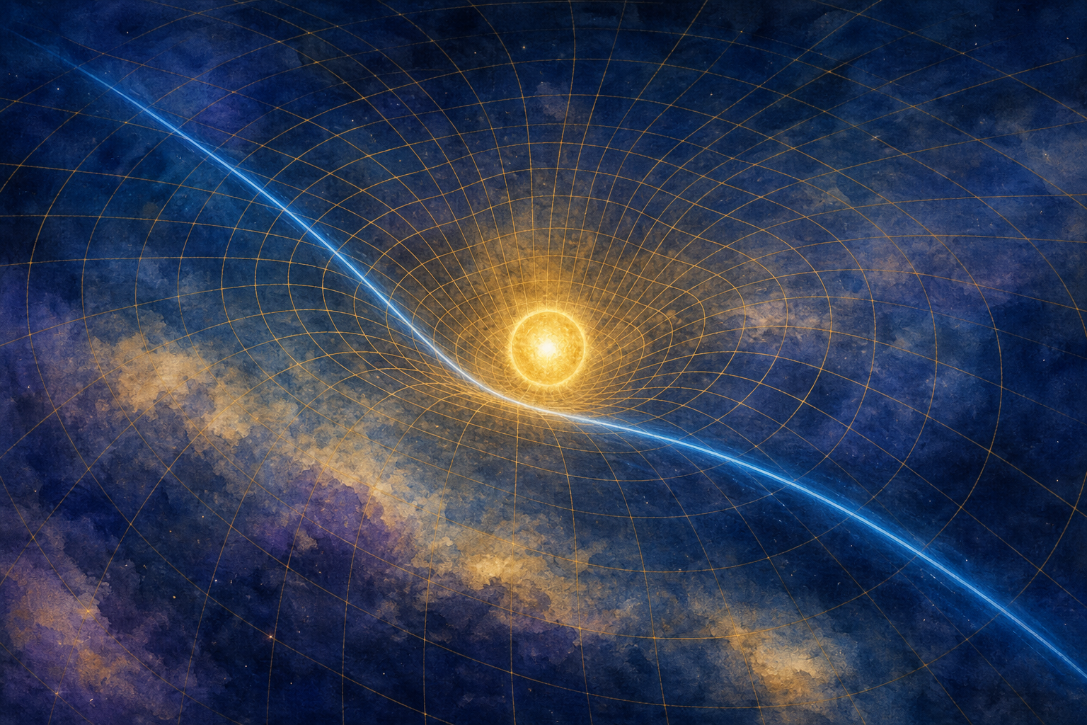 A three-dimensional lattice of thin lines of light bending smoothly around a bright golden star at the centre, with a beam of blue light curving gently around it.