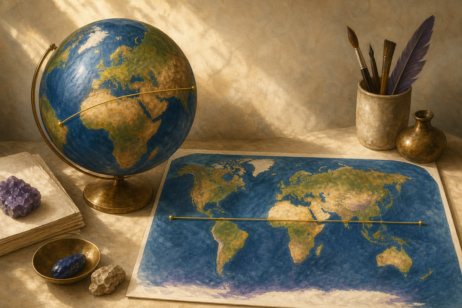 A study table with a painted globe beside a flat world map; a single gold string lies straight across the flat map and curves as a great-circle arc on the globe.