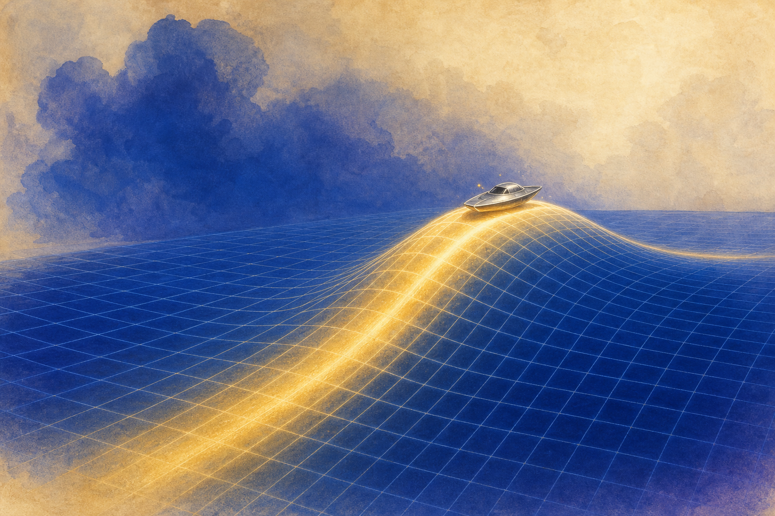 A single smooth travelling hump of golden light moving along a flat lattice of blue lines, with a tiny silver craft resting on its crest.
