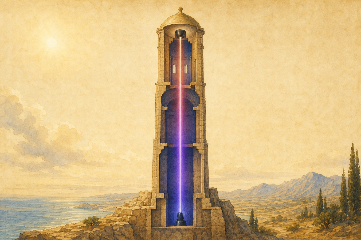 A tall stone tower in cross-section with a single beam of violet light rising from base to top, painted slightly redder near the top than at the bottom.
