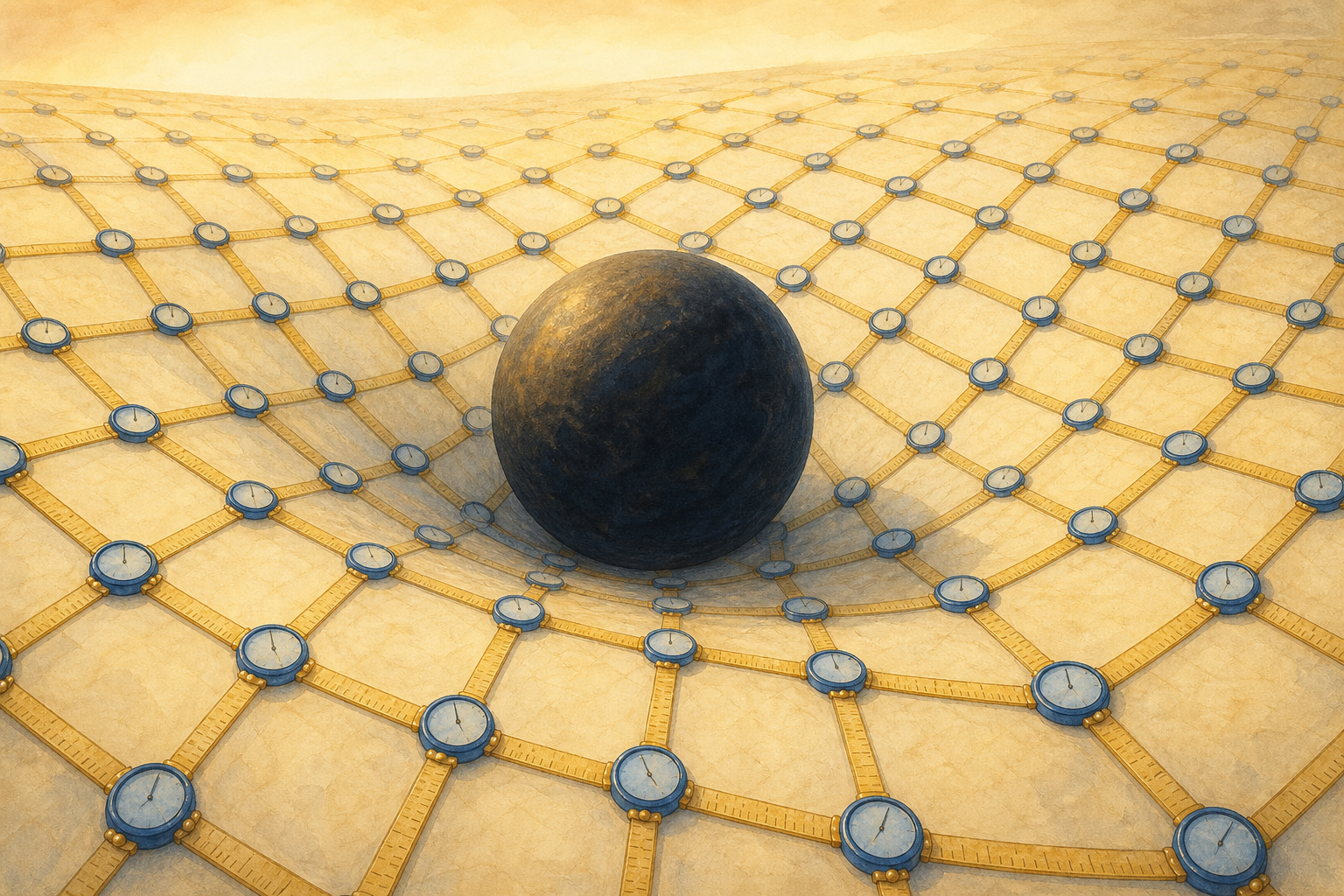 A vast gently curved landscape of space drawn as a three-dimensional lattice of thin golden rulers and small blue clocks with blank faces, the lattice bending and the rulers stretching around a heavy dark sphere in the middle.