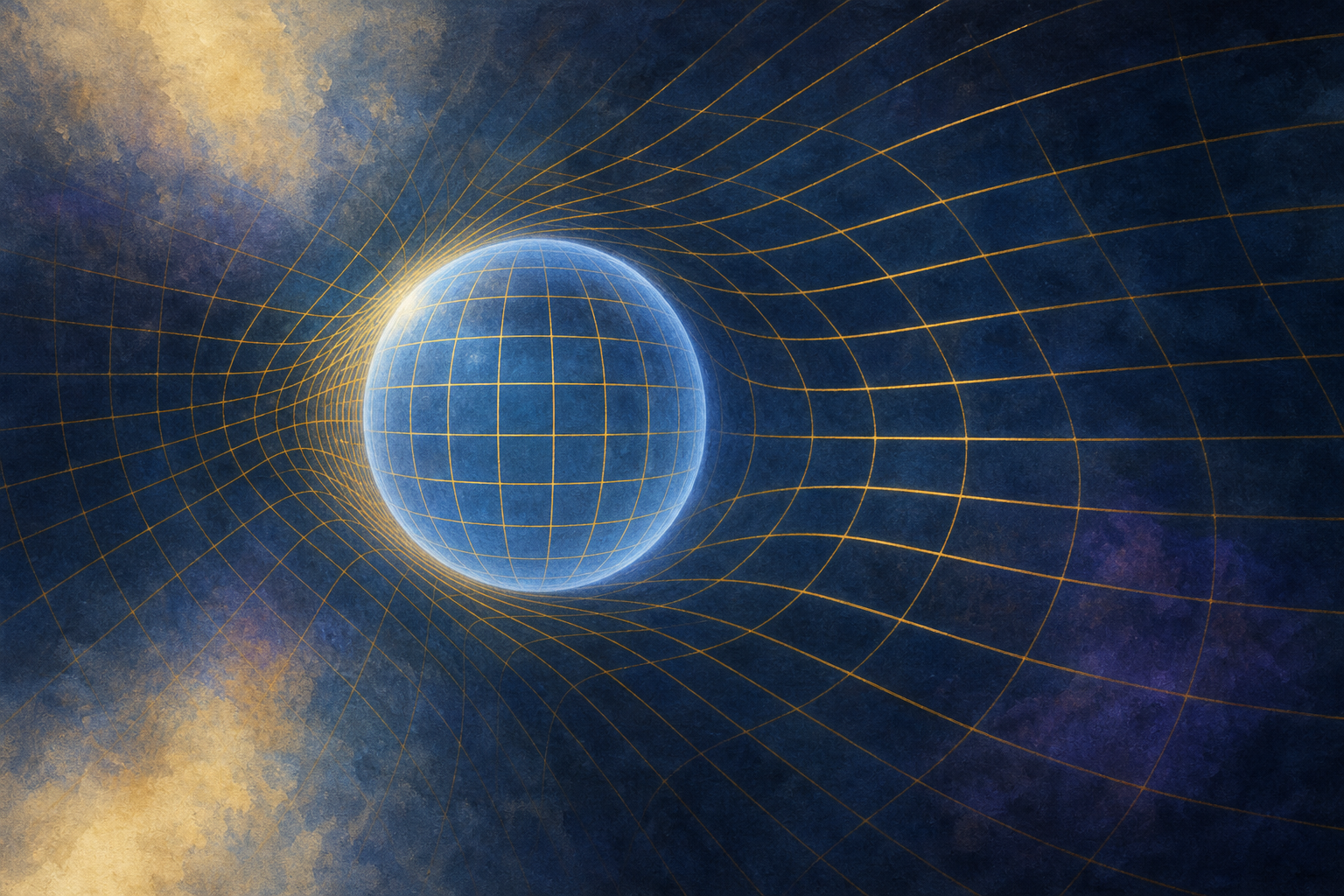 A translucent spherical bubble of blue light moving through a lattice of golden lines, the lines compressed just ahead of the bubble and stretched just behind it, with a calm regular lattice inside.