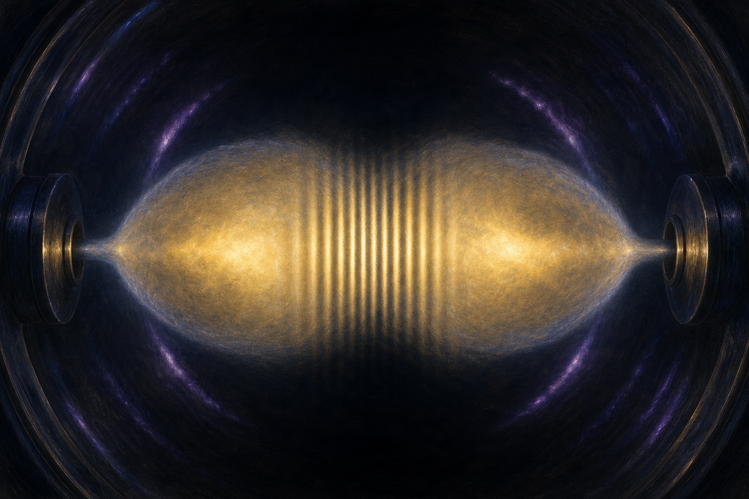 Two soft luminous ellipsoids of pale gold vapour expanding towards each other in a dark chamber, their overlap region cut by clean parallel bright and dark bands.