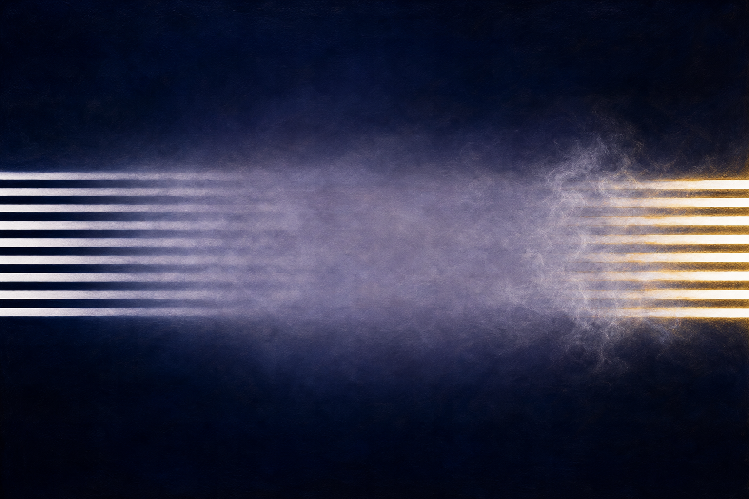 A band of crisp parallel light and dark stripes at one edge dissolving into soft grey mist towards the other, with the mist thinning again at the far edge to reveal the stripes returning.