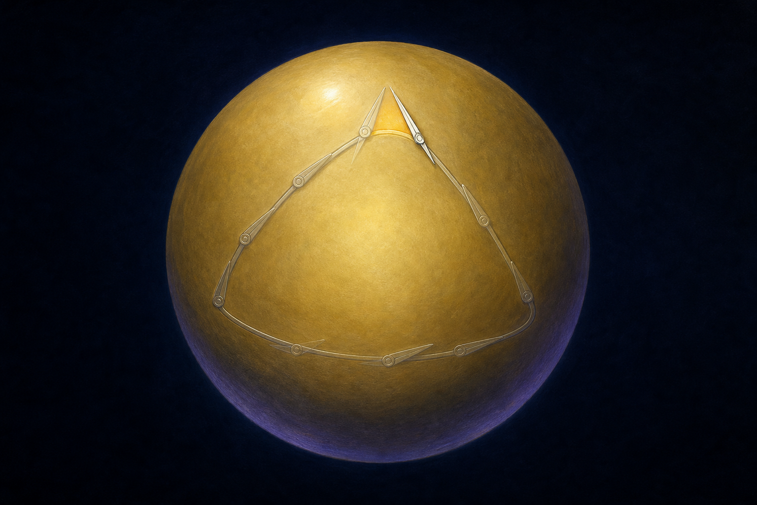 A pale gold sphere on deep blue, with a slender silver pointer carried along a closed triangular path over its surface and returning to its starting corner visibly rotated from its original direction.
