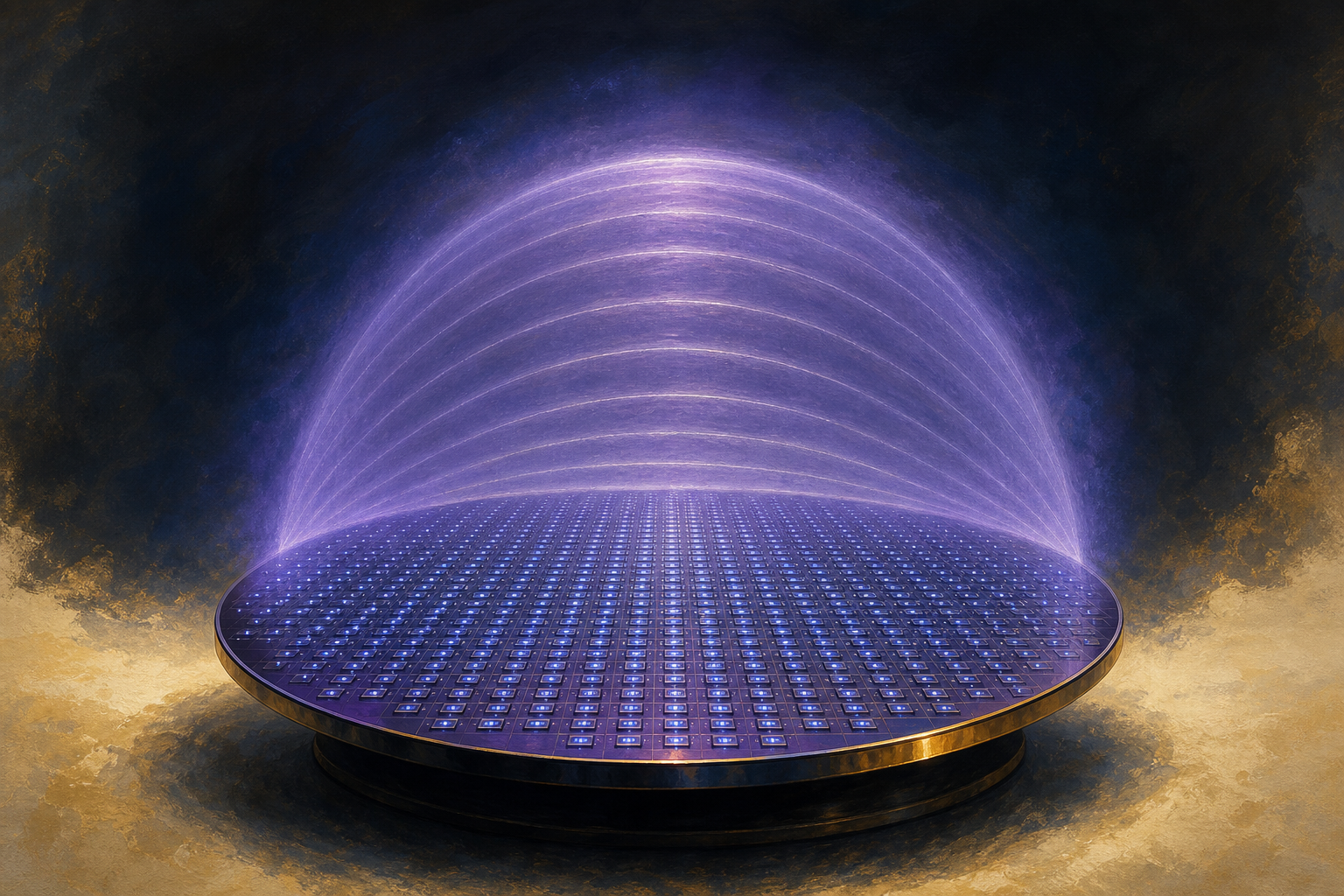 A circular silicon wafer tilted towards the viewer carrying a regular grid of hundreds of tiny silvery elements pulsing with one shared blue rhythm, a violet wavefront rising from the surface as a single smooth dome.