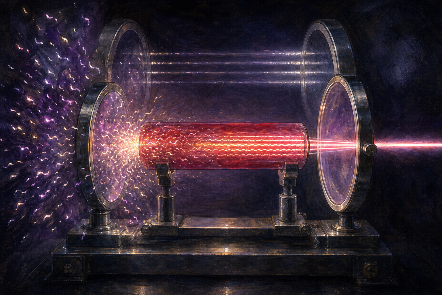 A dark chamber with a rod of deep red crystal between two facing mirrors, a scatter of loose glowing wavelets at one end resolving into a single tight ribbon of aligned crests leaving the other.