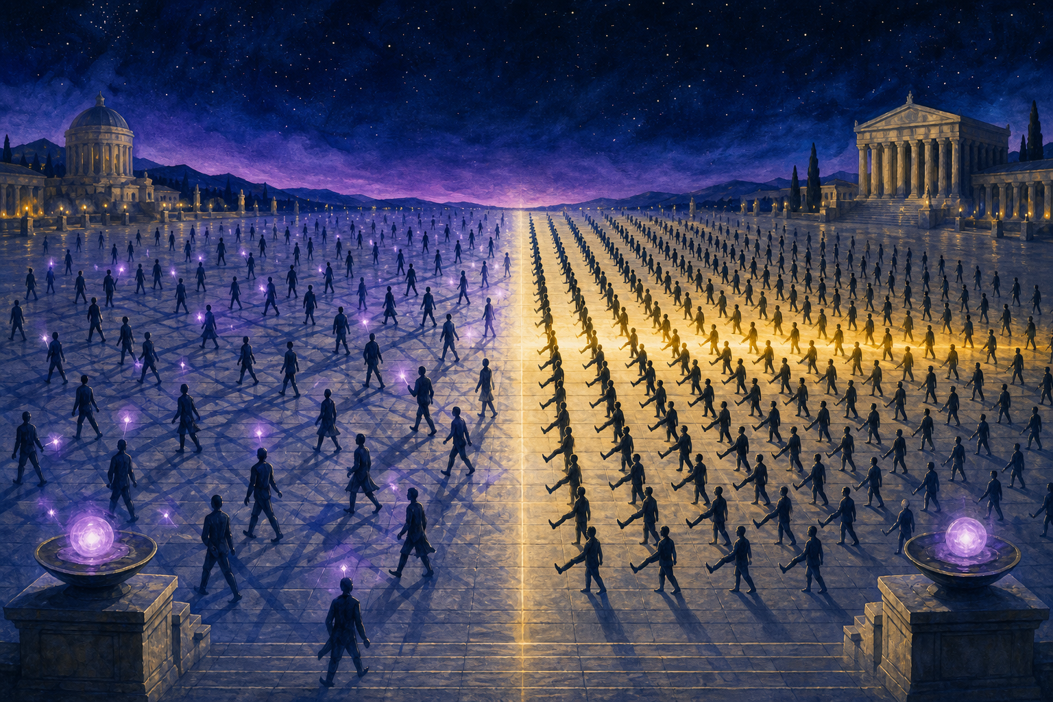 A wide plaza split down the middle: on one side a scattered crowd stepping in every direction, on the other a marching band in ranks with every left foot lifted at the same instant.