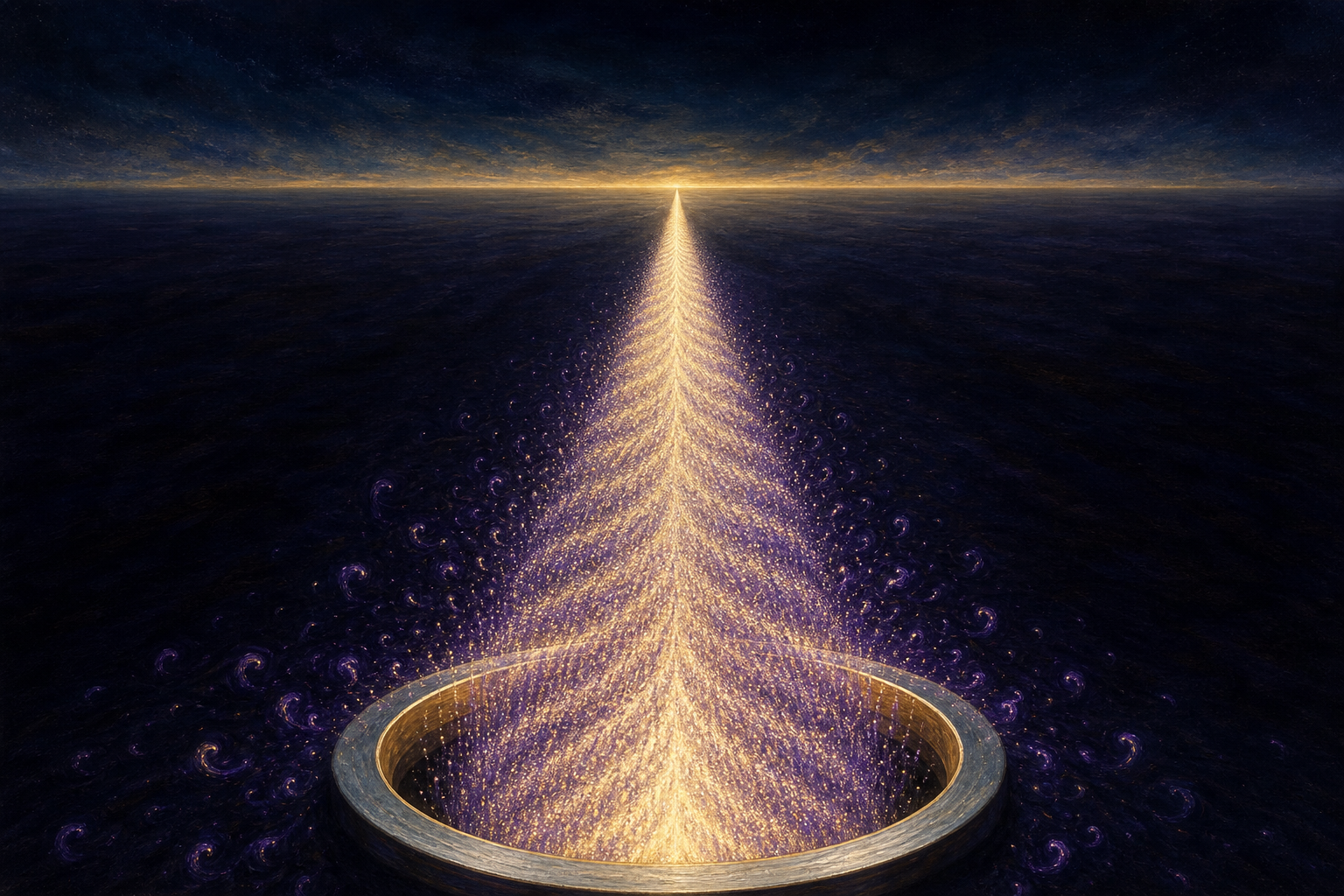 A dense stream of tiny luminous particles leaving a dark aperture and drawing together into one narrow ribbon of aligned crests running to a distant horizon, with a few stragglers still tumbling out of step at the edges.