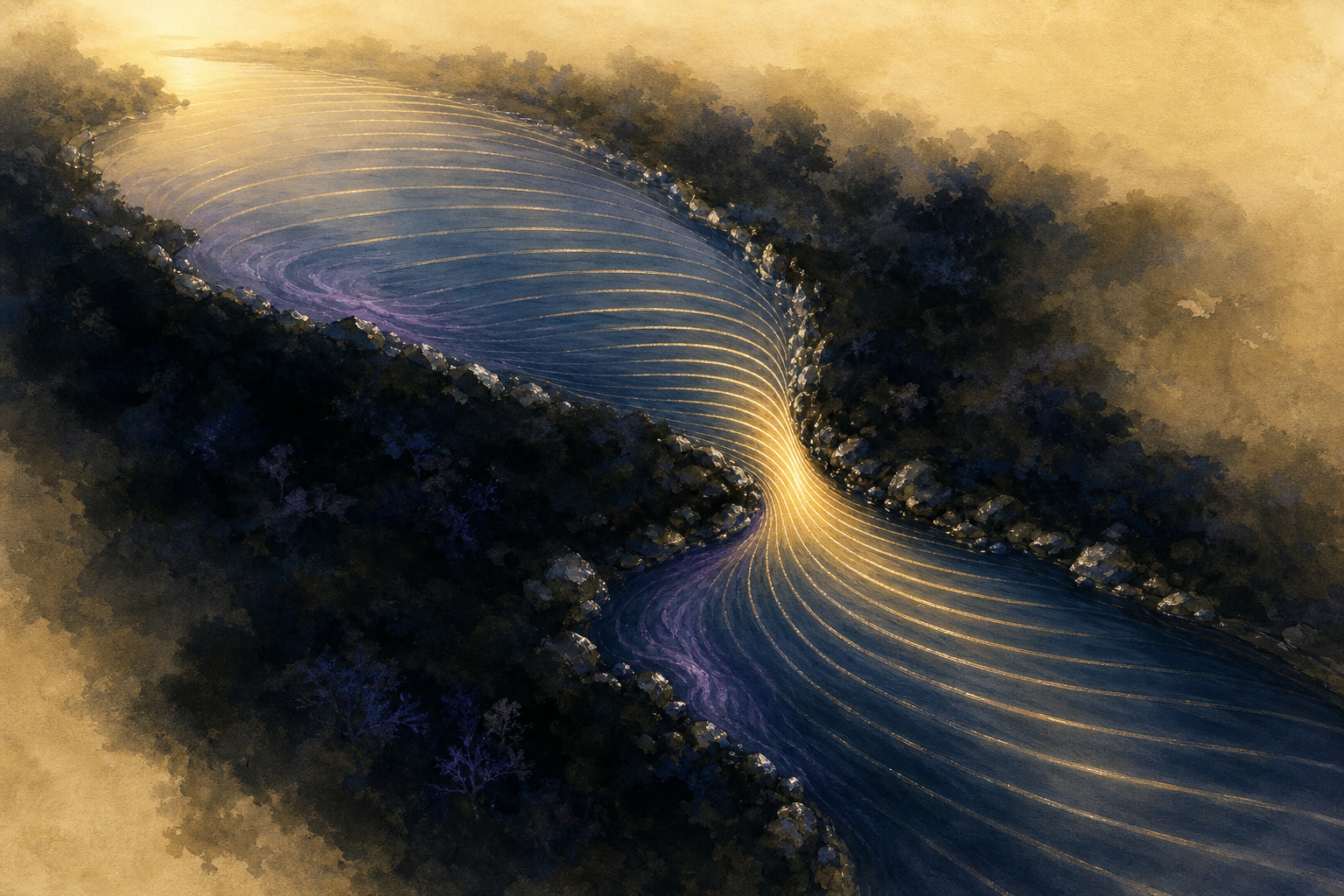 A broad river seen from above, its surface carrying evenly spaced luminous ridges that tilt progressively along the channel, the ridges crowding closer where the flow runs faster.