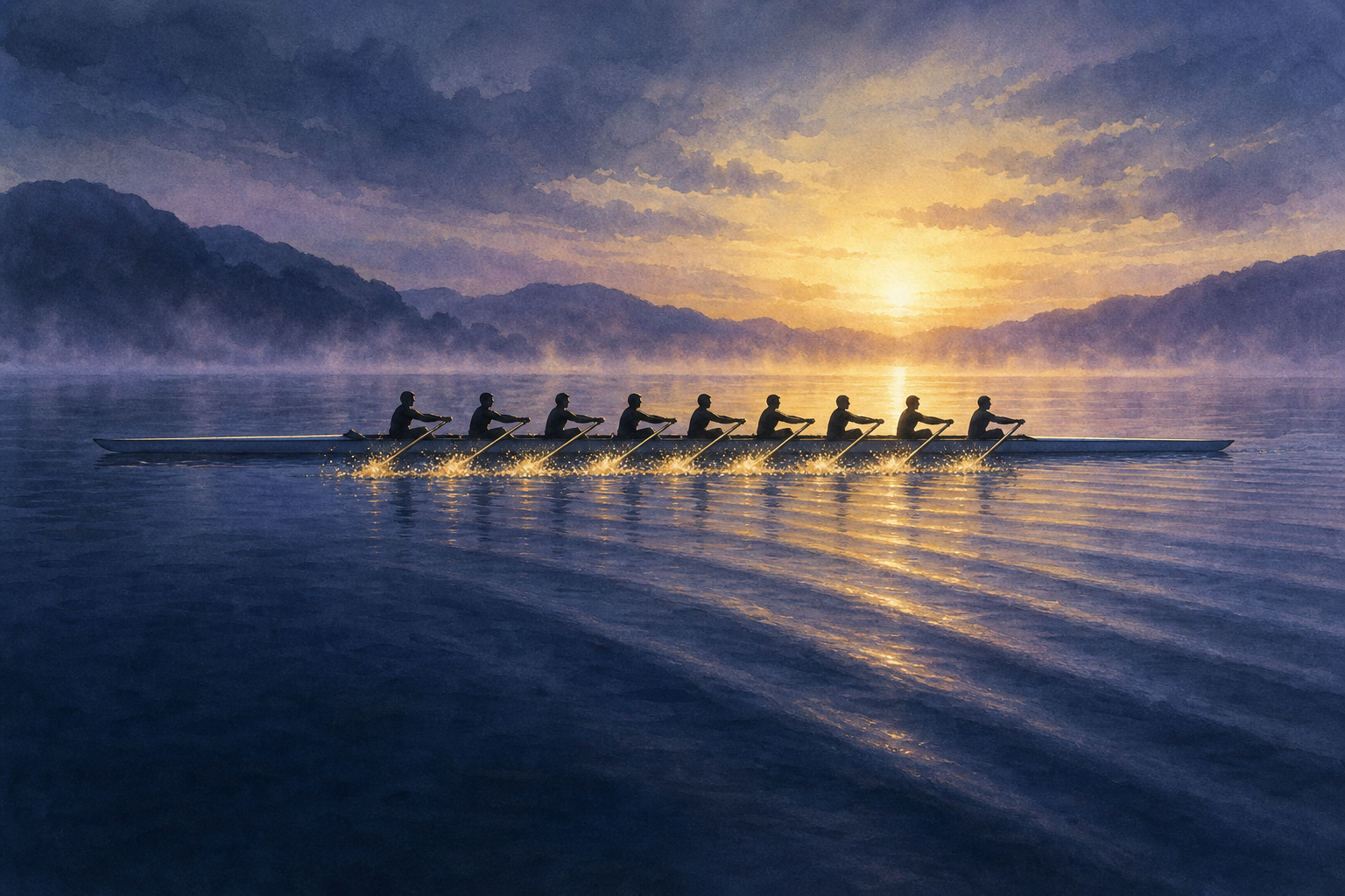 An eight-oared racing shell on dark water at dawn, every oar entering the water at the same instant, throwing a single clean line of spray.