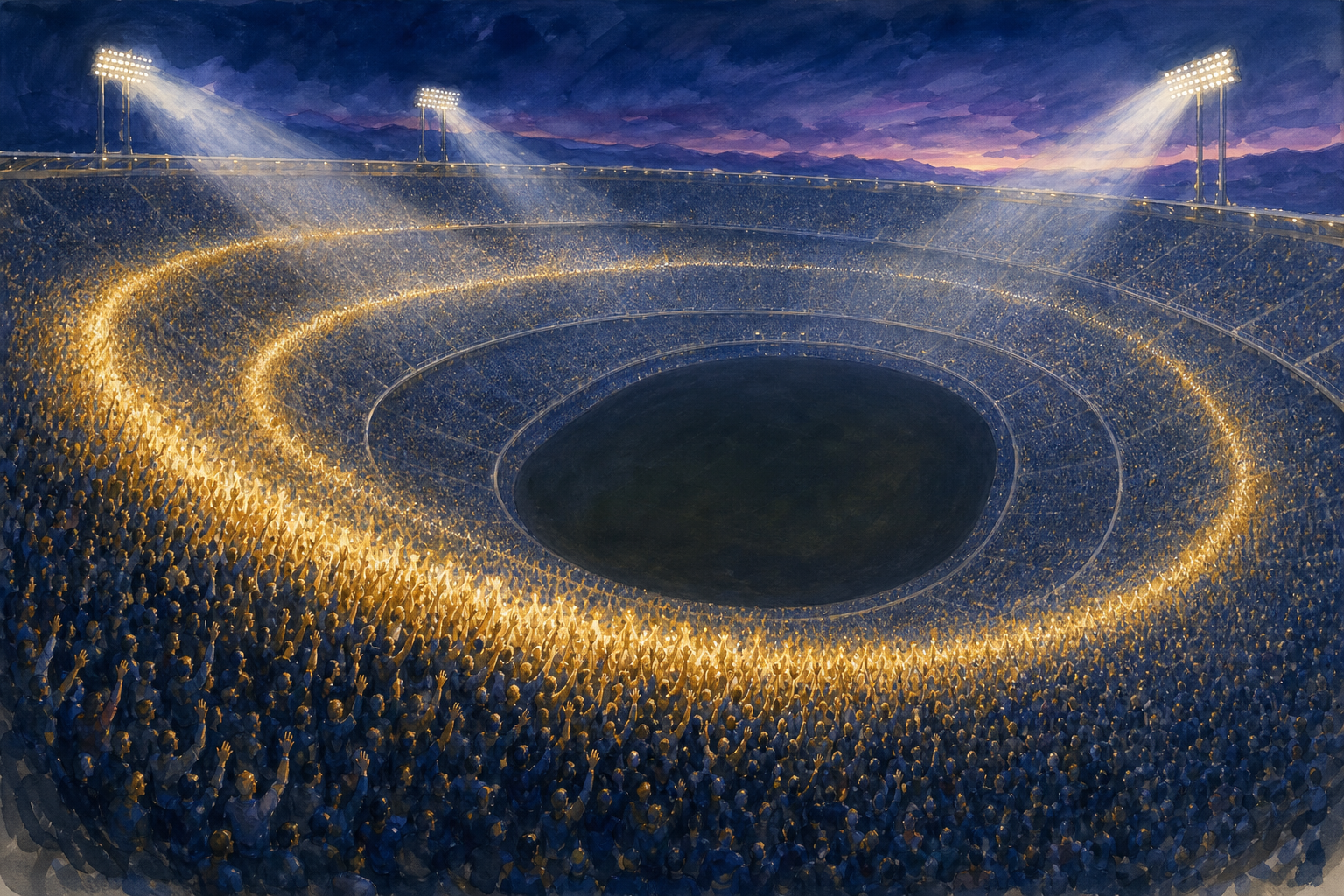 A great curved bowl of a stadium at dusk seen from high above, with a bright ridge of raised arms sweeping around the tiers like a swell of light.
