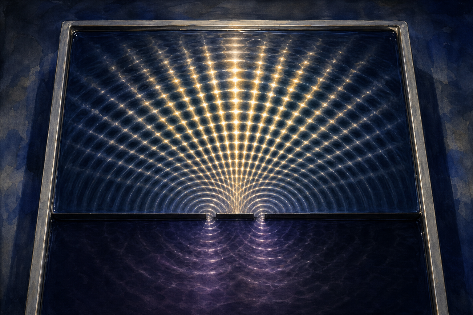 A shallow dark tank of water lit from below, with circular ripples spreading from two small openings in a barrier and crossing to make a fan of bright and dark radial bands.