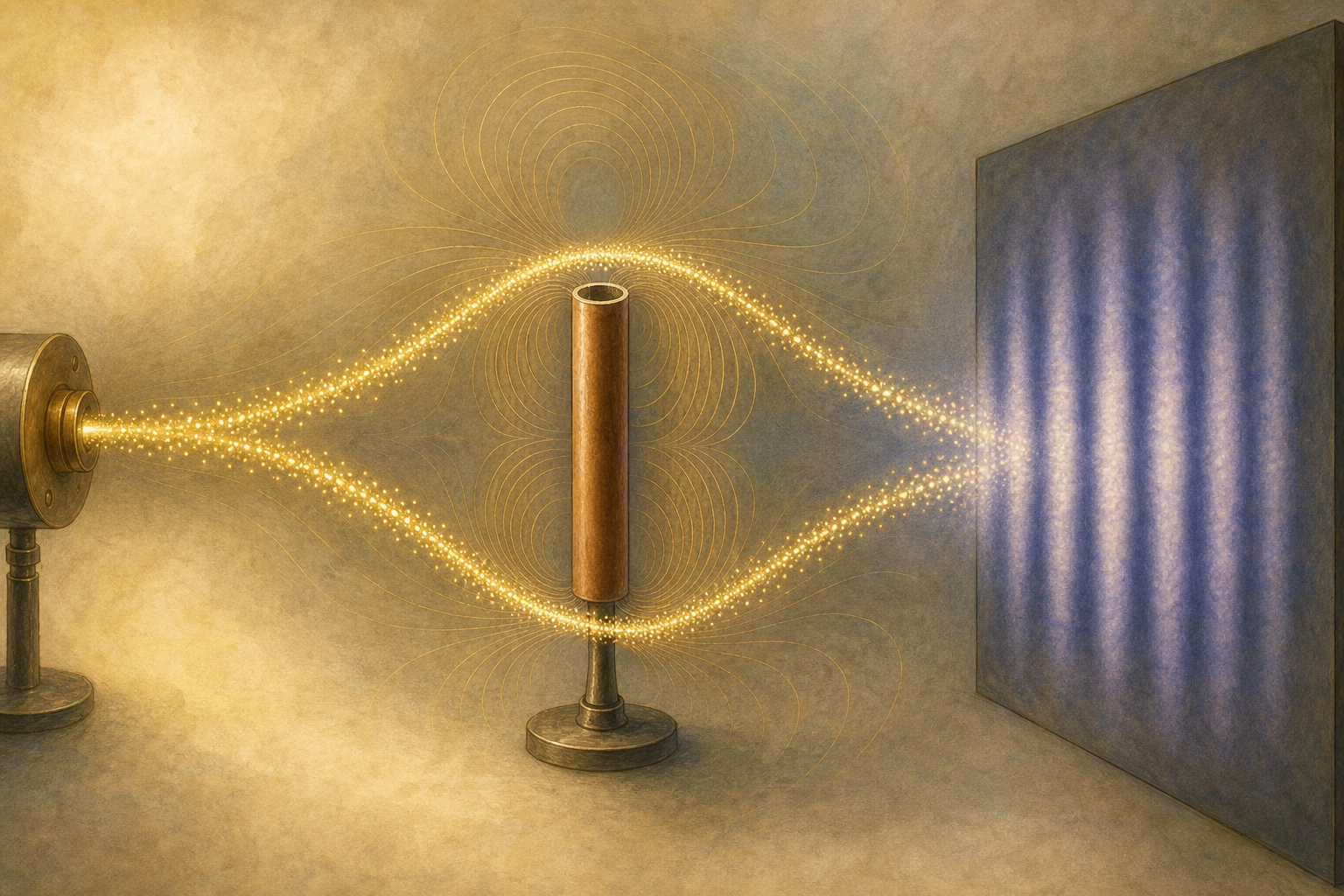 A stream of glowing particles splits into two paths around a shielded copper cylinder and recombines on a screen where light and dark interference bands appear; faint circulation lines surround the cylinder outside its walls.