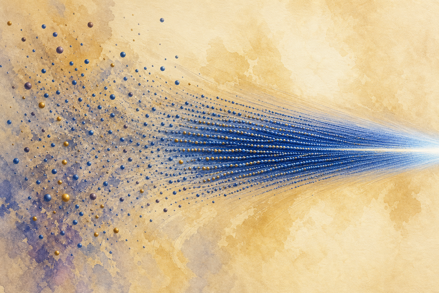 Thousands of tiny particles flowing in a tight bright beam with their wave crests aligned in step, contrasted with a scattered, out-of-step cloud at the edge.