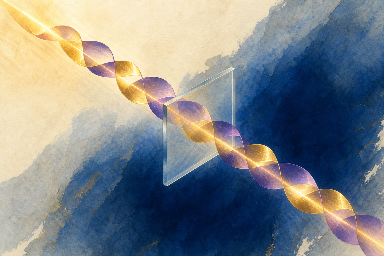An abstract beam of light whose polarisation twists along its length like a spiral ribbon of gold and violet, passing through a thin square of glass and emerging with its spiral preserved.