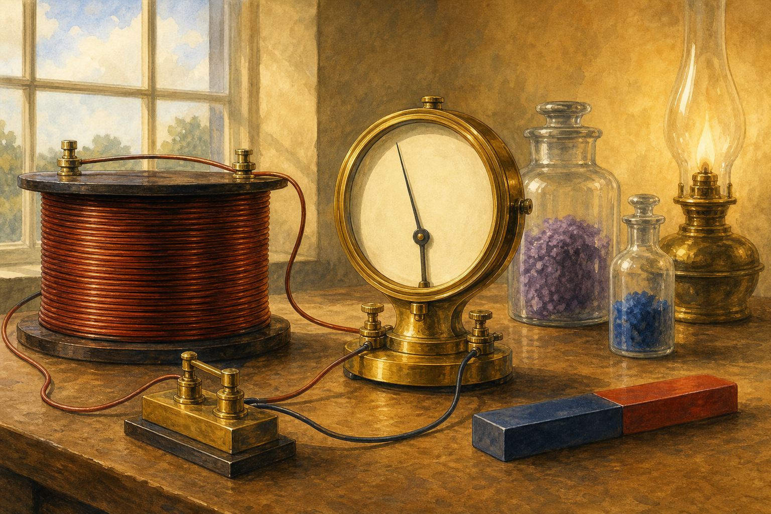 A Victorian laboratory bench with a large wire coil, a galvanometer with a blank dial, a bar magnet and glass jars in warm lamplight.
