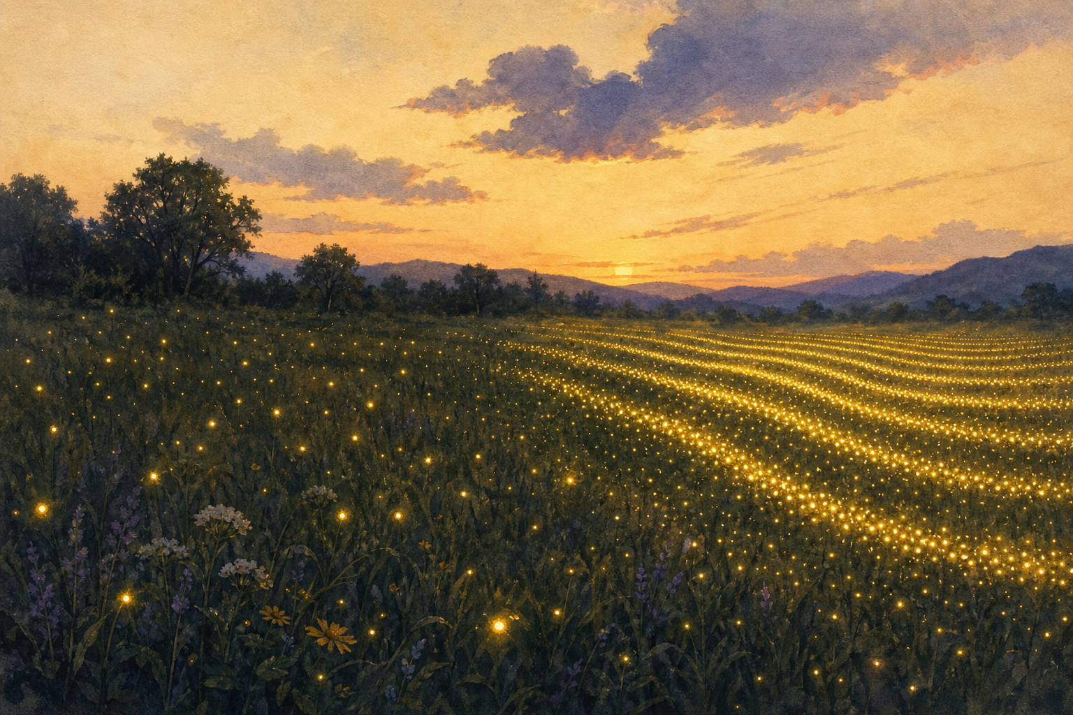 A dusk meadow of fireflies that blink at random on the left and in unison on the right, their light forming synchronised waves across the field.