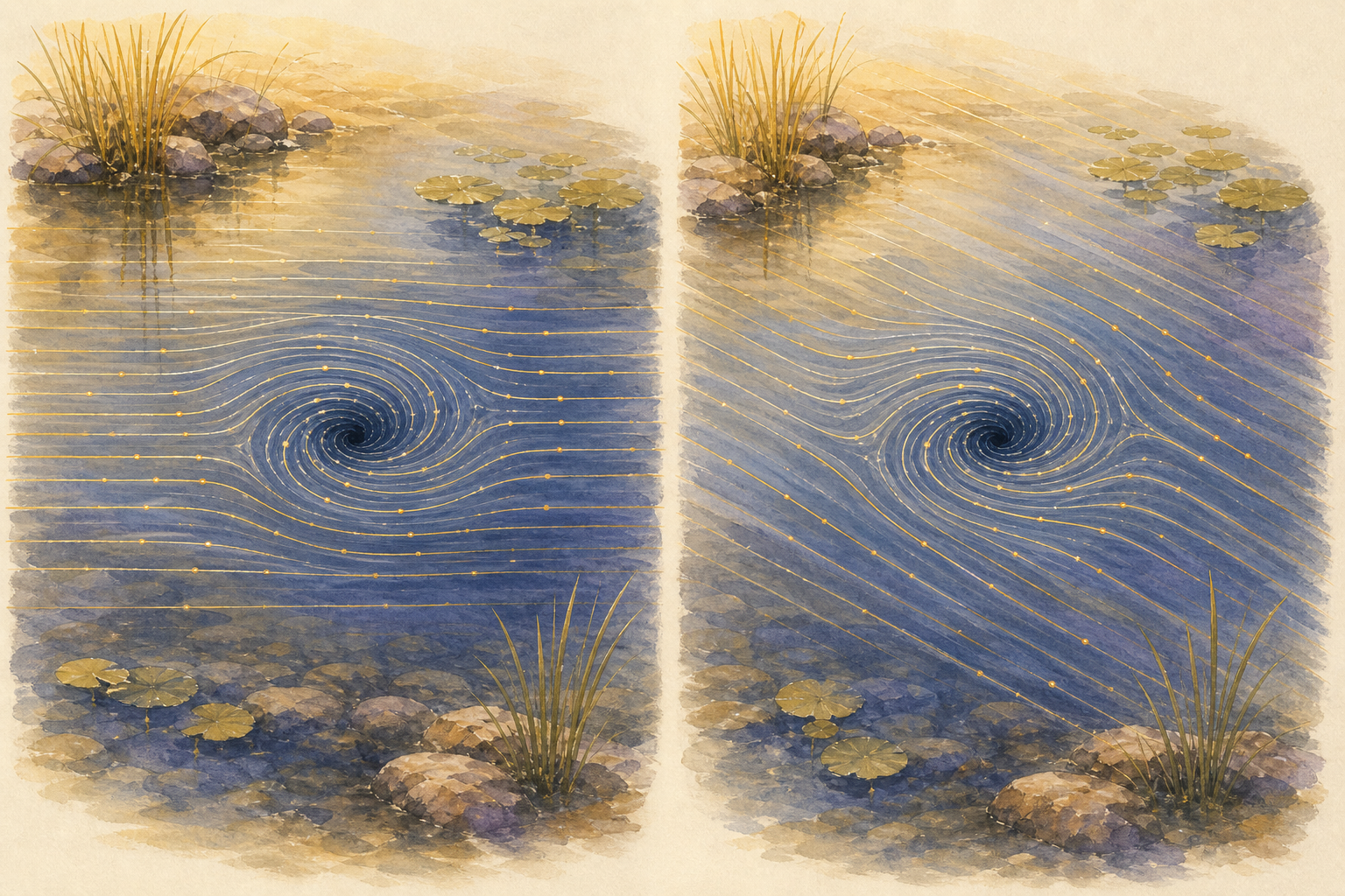 Two paintings of the same whirlpool in a pond; the surrounding surface flow differs between them, but the whirlpool at the centre is identical.