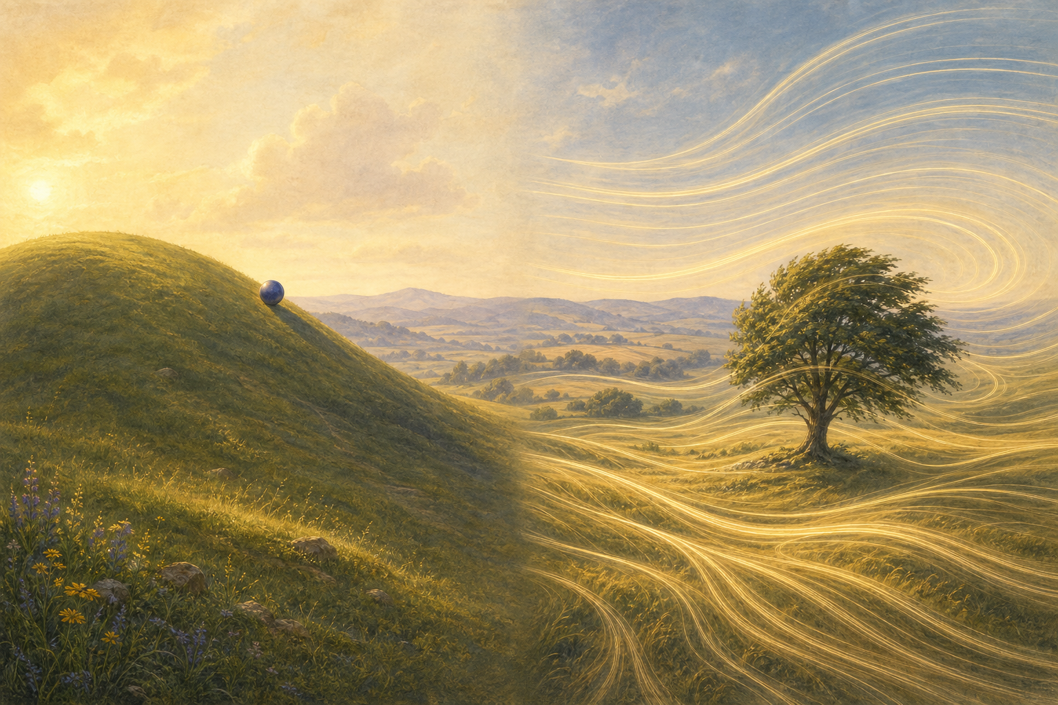 A landscape split in two: a smooth hill with a ball resting on its slope on the left, and the same countryside under a visible flowing wind on the right.