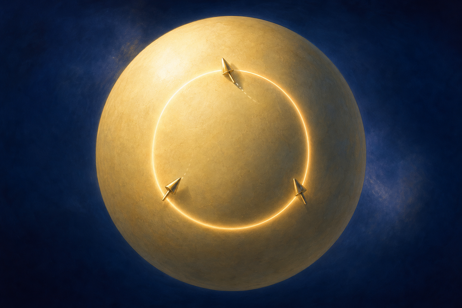 A pale gold sphere on deep blue, with a small pointer carried along a closed triangular path on its surface and returning to its start rotated.
