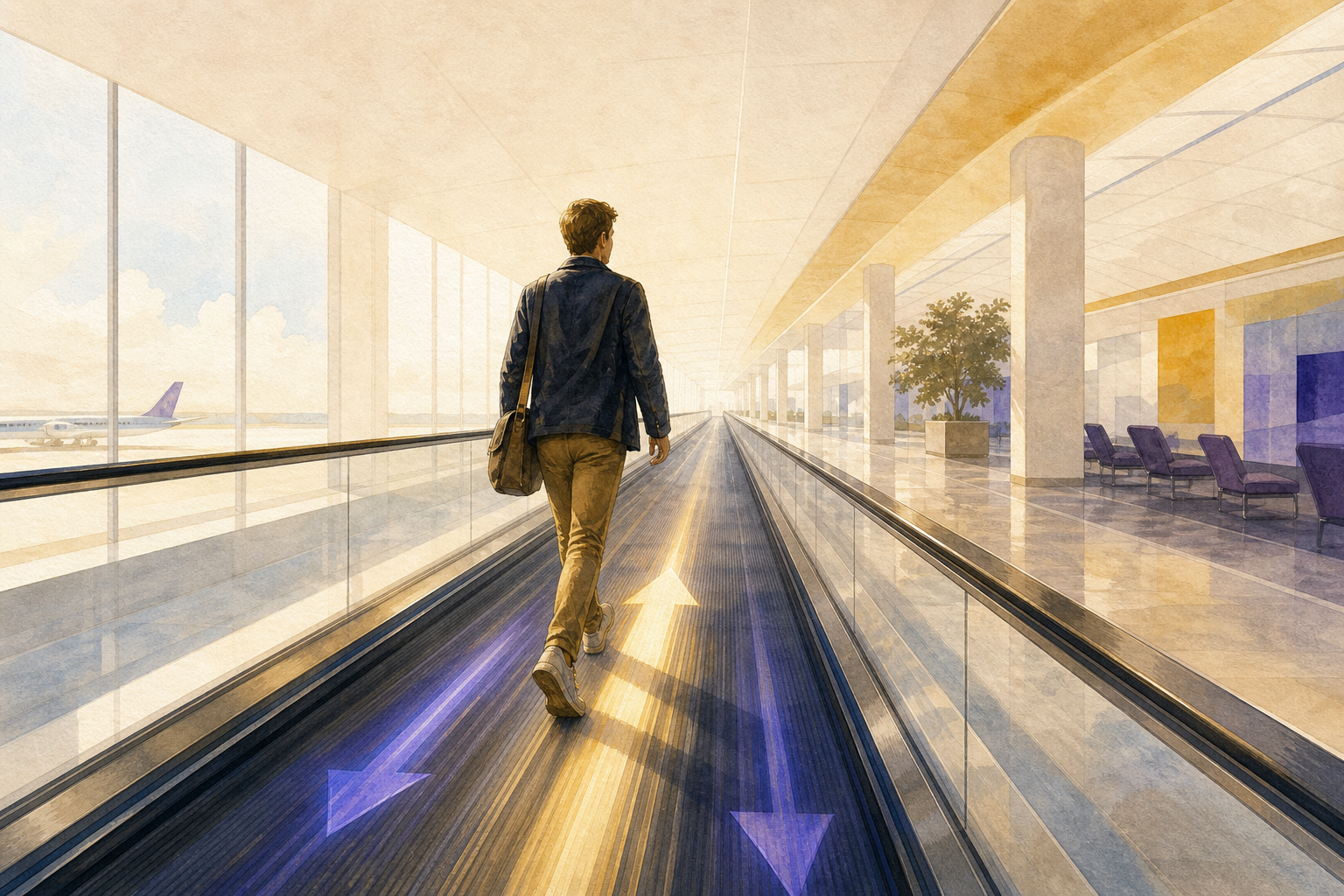 A person striding along an airport moving walkway, its motion suggested by soft light streaks beneath their feet.
