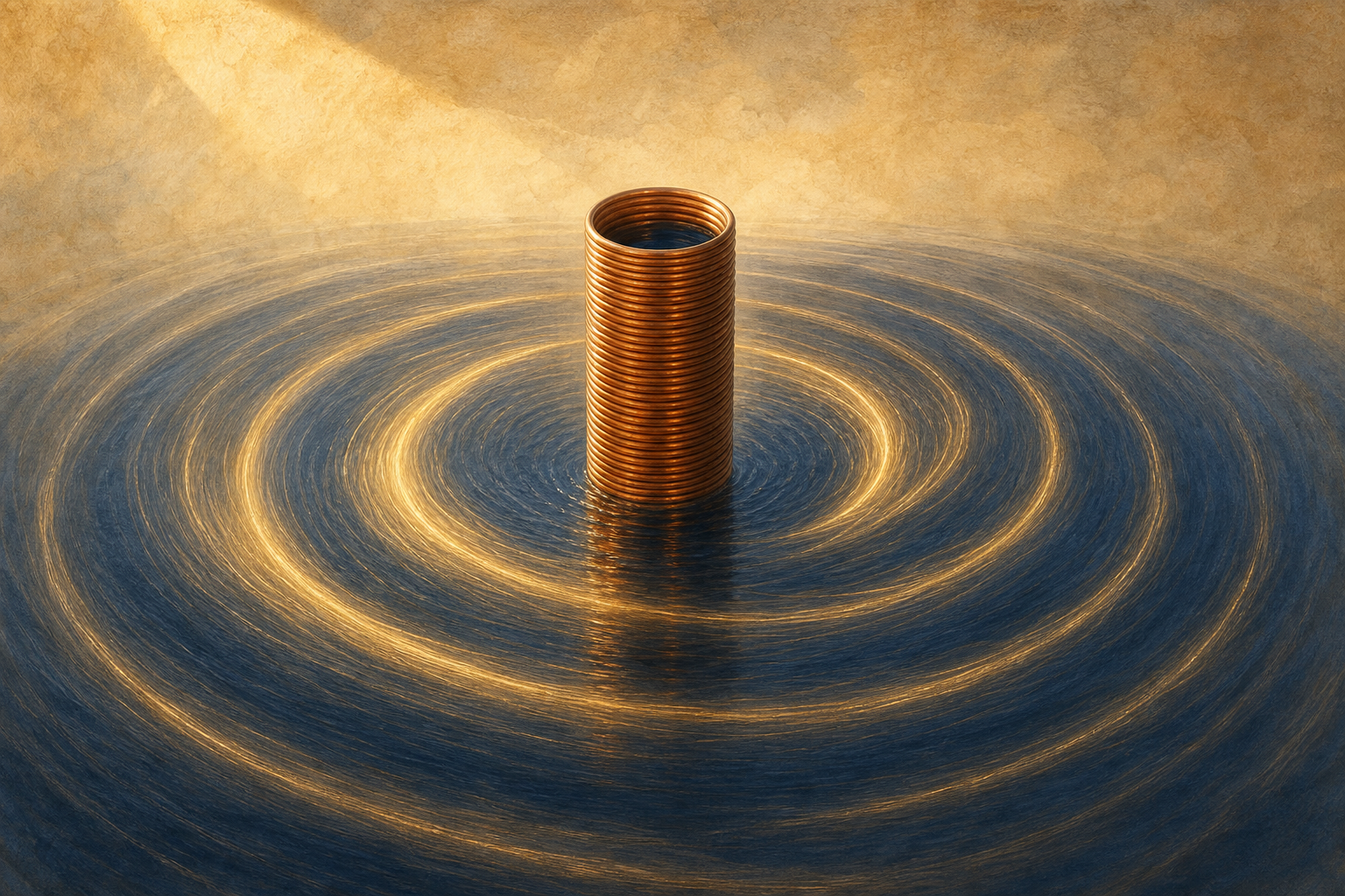 A copper coil standing in dark water, with luminous rings of circulating flow surrounding it outside the coil while the water inside stays still.