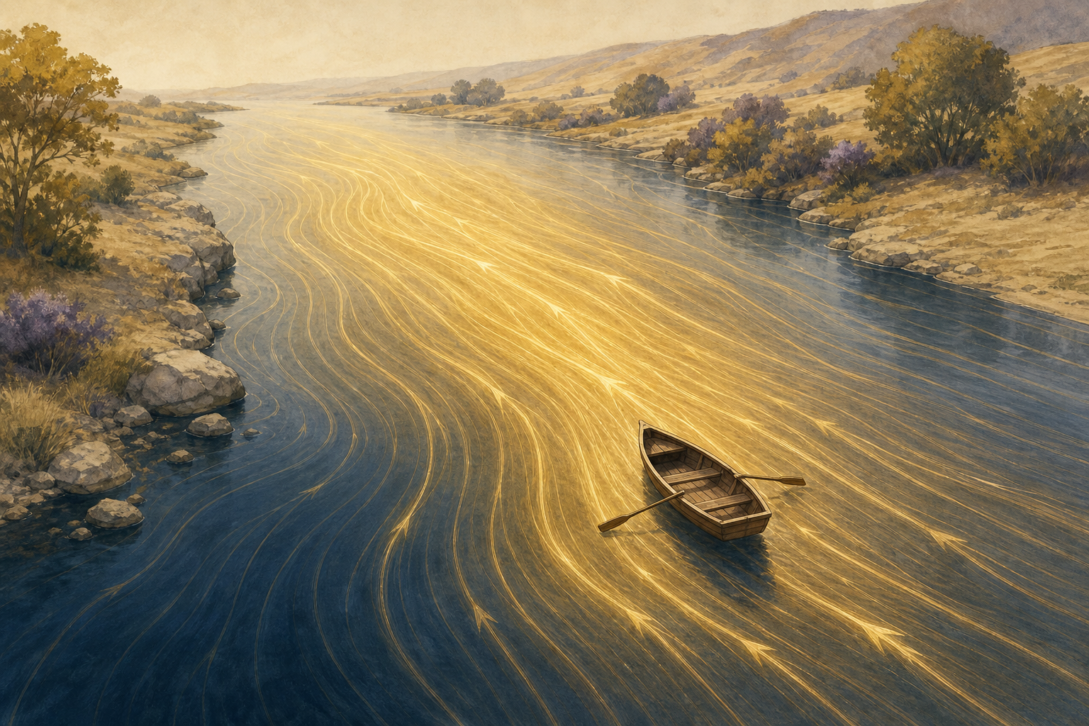 A small rowing boat carried sideways by a wide river whose current is drawn as luminous streamlines under the surface.