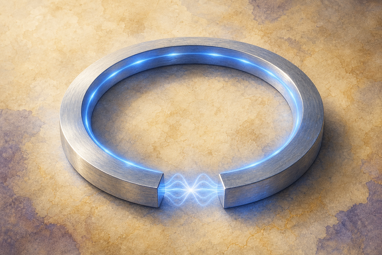 A ring of silvery superconducting metal with a hair-thin gap at one point, a blue glow of circulating current around it, and two wave patterns meeting across the gap with matching crests.