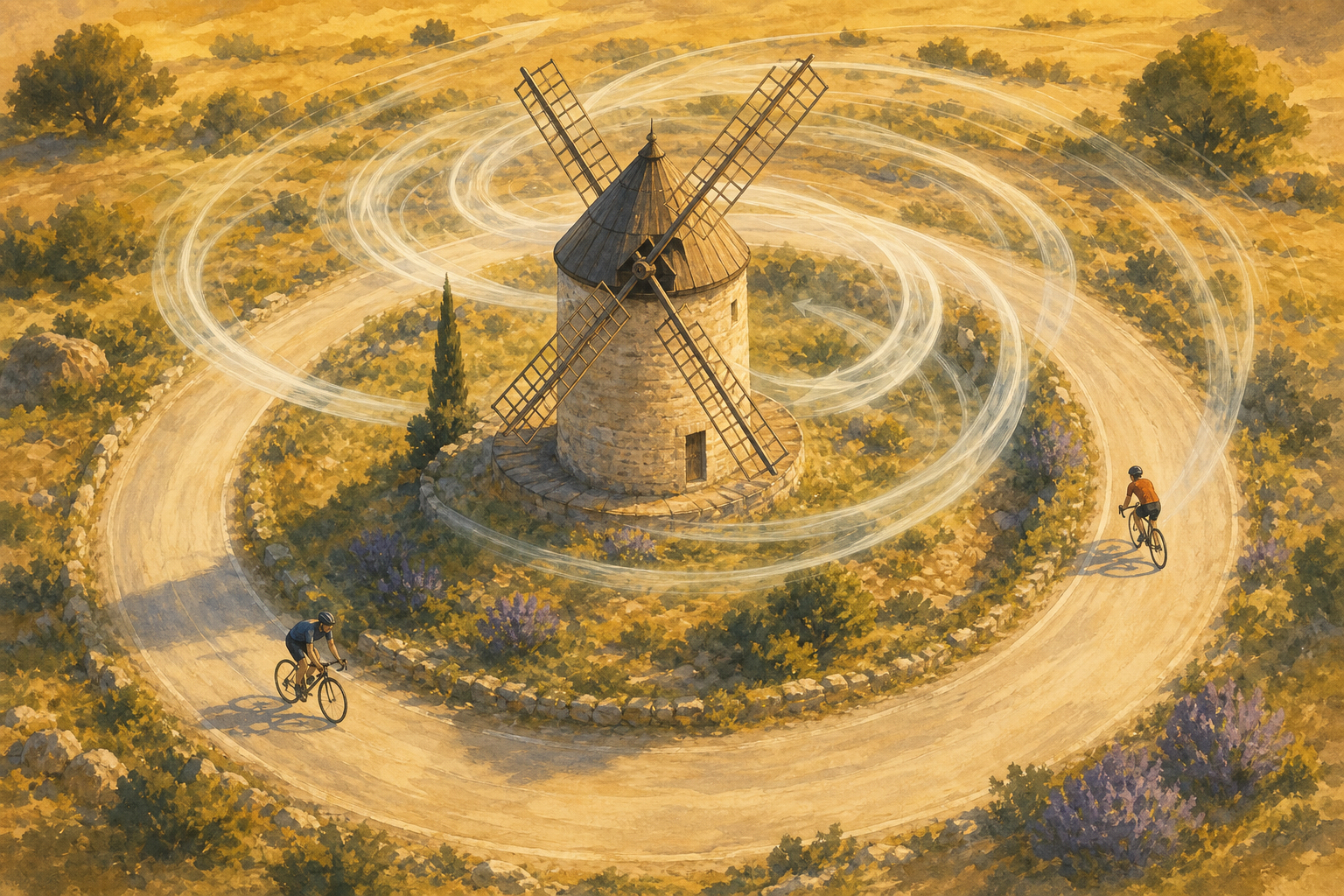 Two cyclists riding around a circular road that loops a windmill, one clockwise and one counter-clockwise, with a swirling breeze circulating around the windmill.