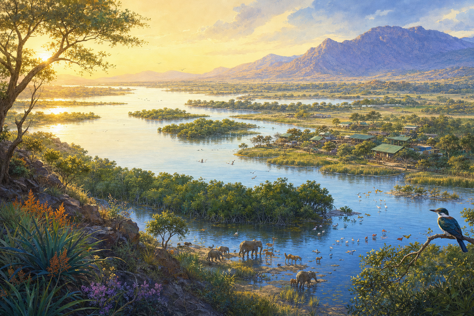 A restored river delta at dawn seen from a hillside, mangroves and reed beds returning, herds of animals at the water and a small clean settlement with green roofs on the far bank under clear air.