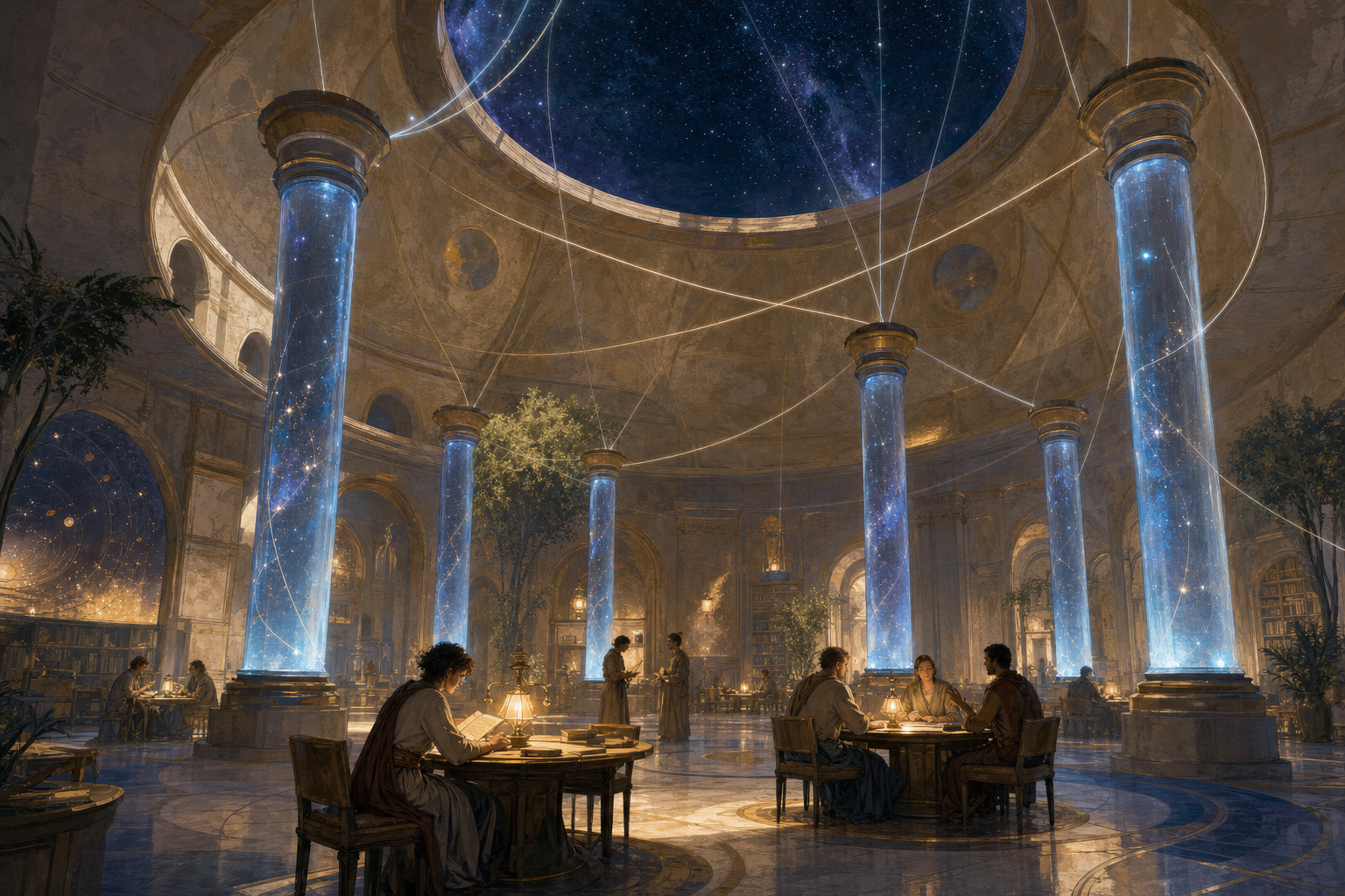 A quiet library-like hall at night where slender cold-glowing blue columns hum softly beneath a vaulted roof, people reading and talking at warm-lit tables between them, and thin threads of light rising through an open oculus into a starry sky.