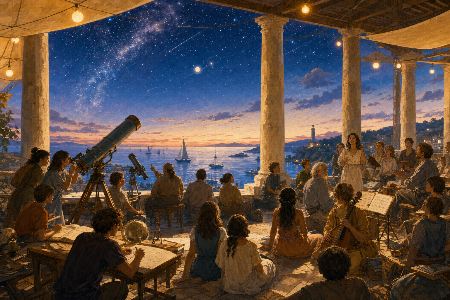 An evening under a great open-air pavilion by the sea where people of all ages learn, sing and tell stories beneath strings of warm lamps, with telescopes pointed at a brilliant night sky and boats resting in the bay.