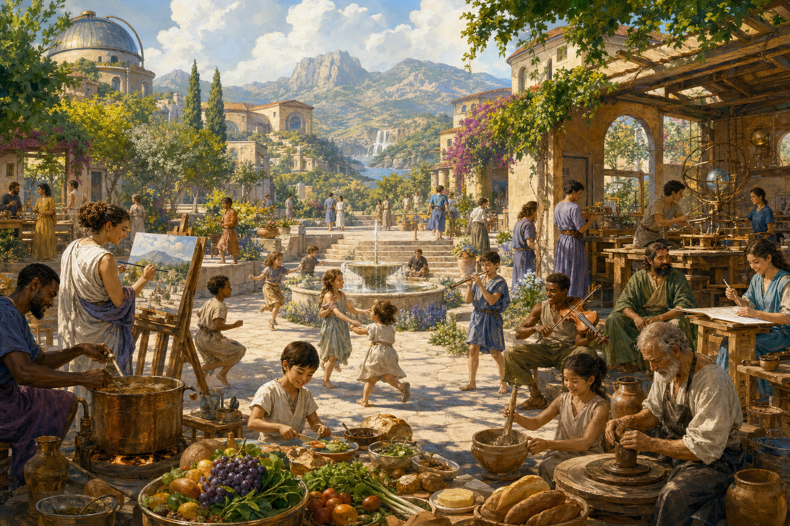 A village square at midday where people of all ages build, teach, cook and play music together around market tables and an open workshop, with gardens and a fountain in warm light.