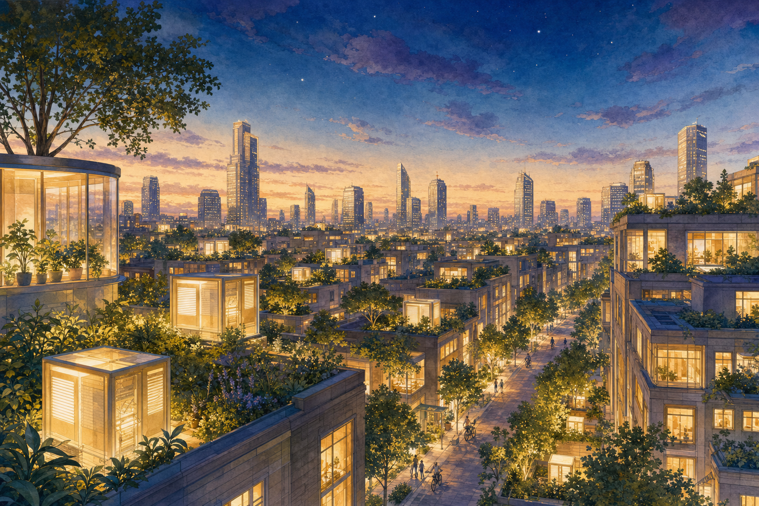 A hillside village at dusk lit from within, with a single small sealed cabinet glowing softly at the edge of a garden and no wires running to the horizon.