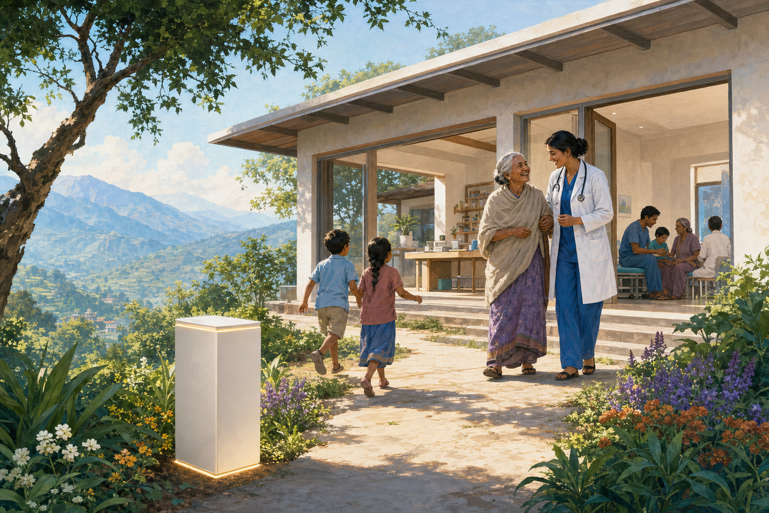 A bright rural clinic on a green hillside at morning, with a small softly glowing power cabinet standing in the garden, open airy rooms, a doctor and a grandmother laughing in the doorway and children coming up the path.