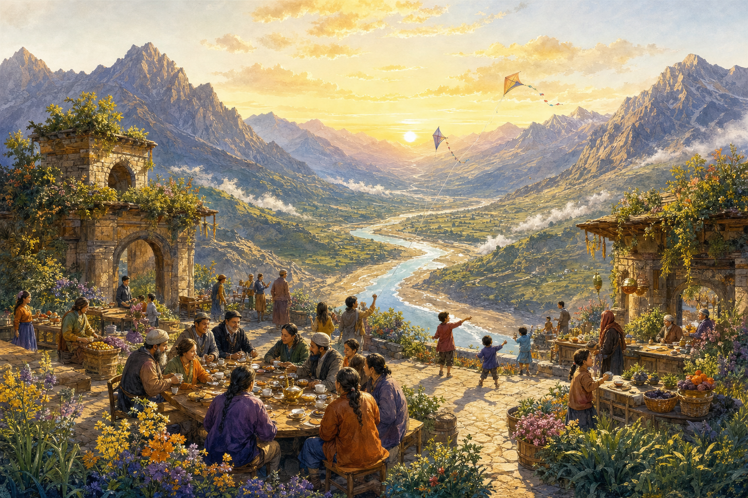 A mountain border pass at sunrise where the old checkpoint has become a garden and a market, with people from both valleys sharing tea at long tables while children fly kites above two rivers meeting below.