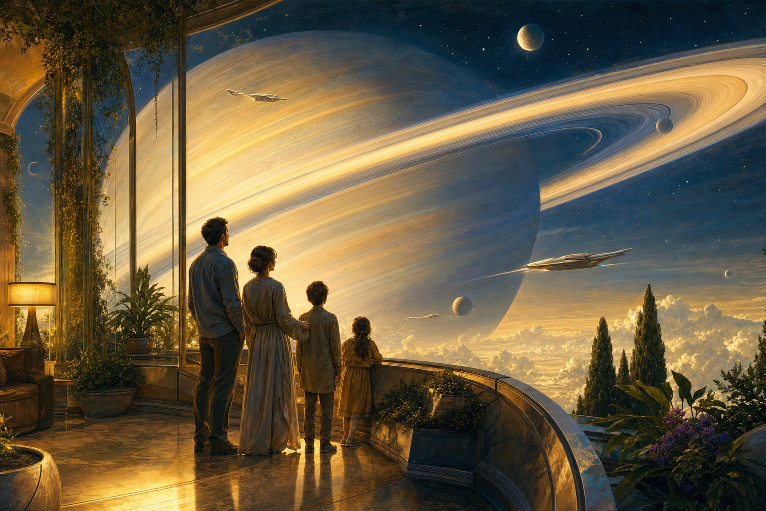 A slender ship under steady thrust between a ringed planet and a distant sun, its lit windows small and domestic against the dark.