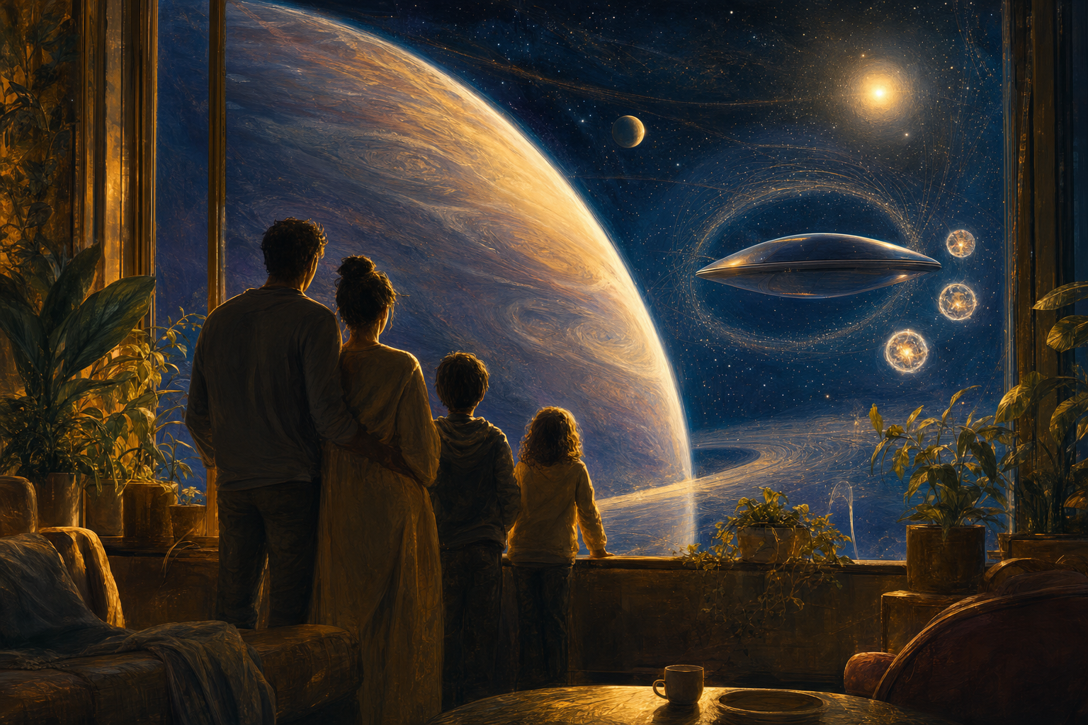 Smukły pojazd zawieszony między planetą z pierścieniami a odległym słońcem, z oświetlonymi, zwyczajnymi oknami, bez wylotu spalin, bez smugi i bez fali uderzeniowej z tyłu.