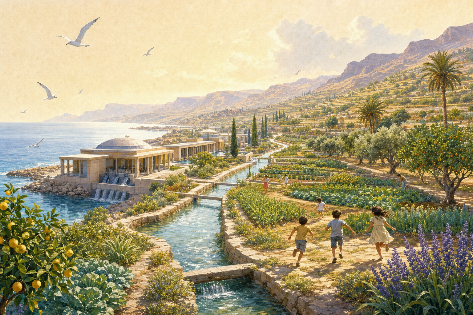 A once-dry coastline turned green at morning, with quiet desalination pavilions on the shore sending fresh water inland through open channels to terraced orchards and vegetable fields, children running between the rows.
