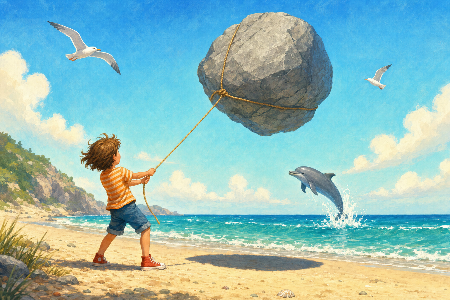 Roześmiane dziecko na plaży trzyma sznurek przywiązany do ogromnego szarego głazu unoszącego się w powietrzu jak balon, a obok wyskakuje delfin i latają mewy.
