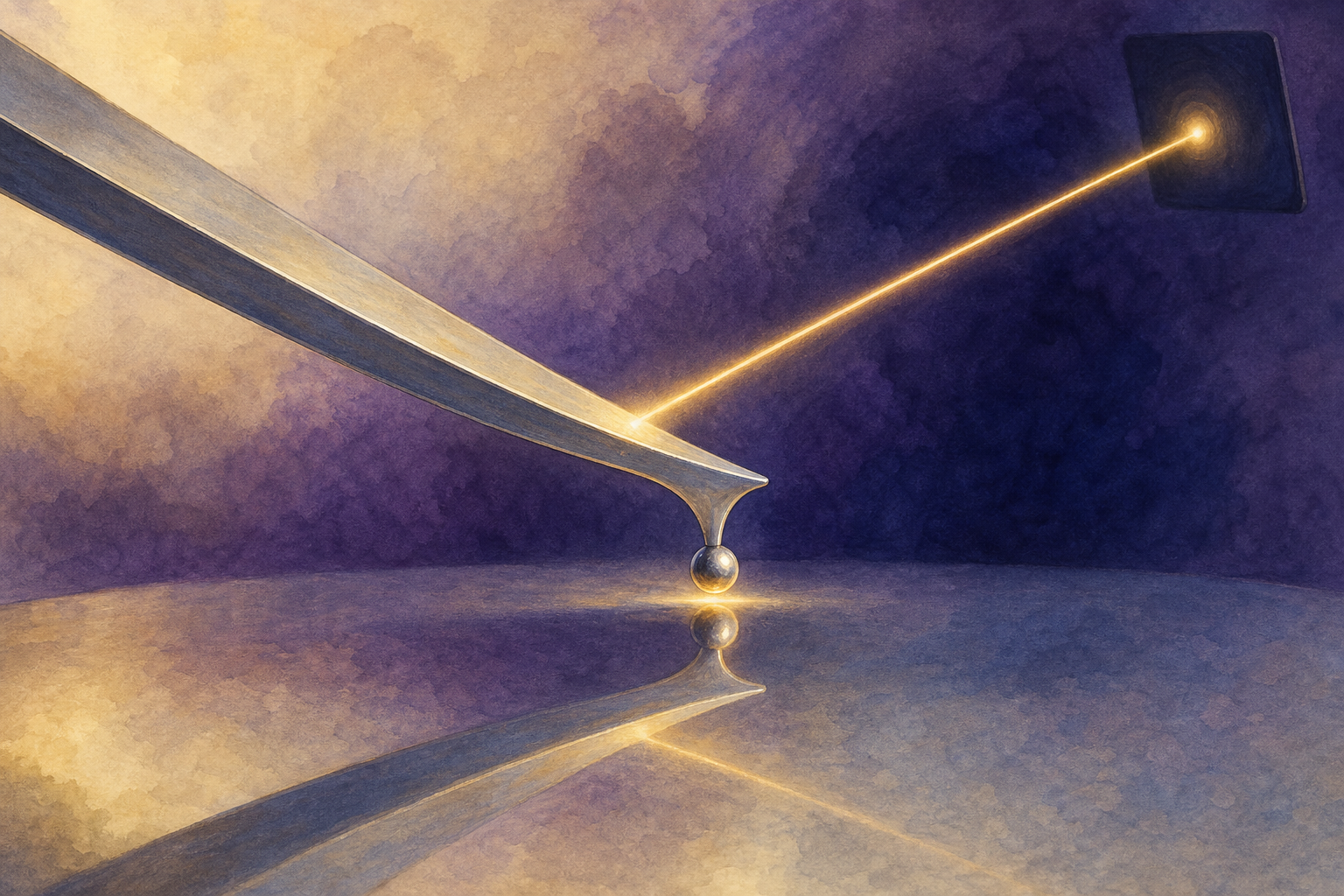 A slender cantilever tipped with a tiny metallised sphere poised above a polished flat surface, a fine laser beam glancing off the cantilever's back onto a distant detector.