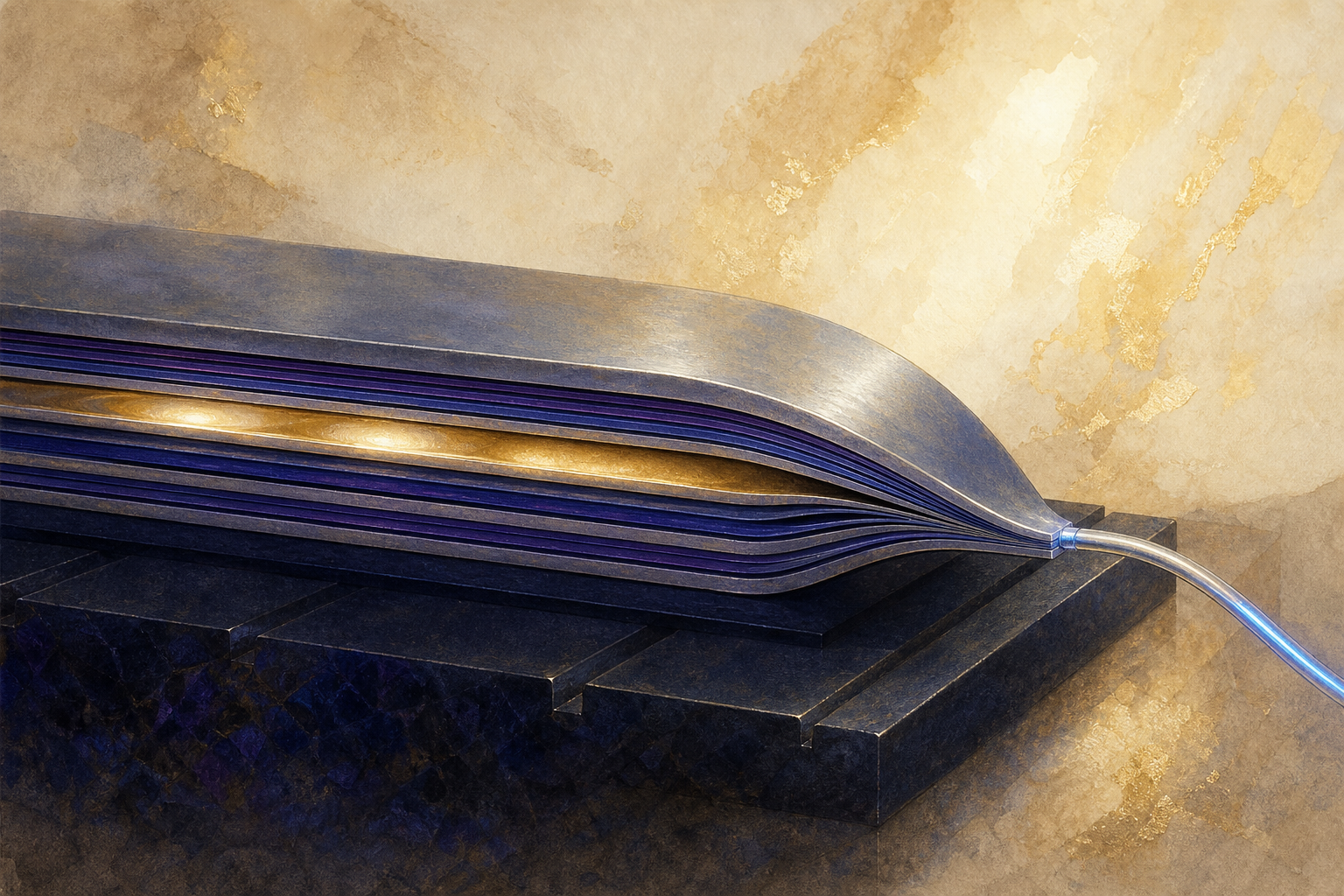 A cross-section through a stack of ultra-thin layers on a dark chip, with a nanometre gap between two of them glowing faintly gold and a one-way taper leading current out to a fine silver contact.